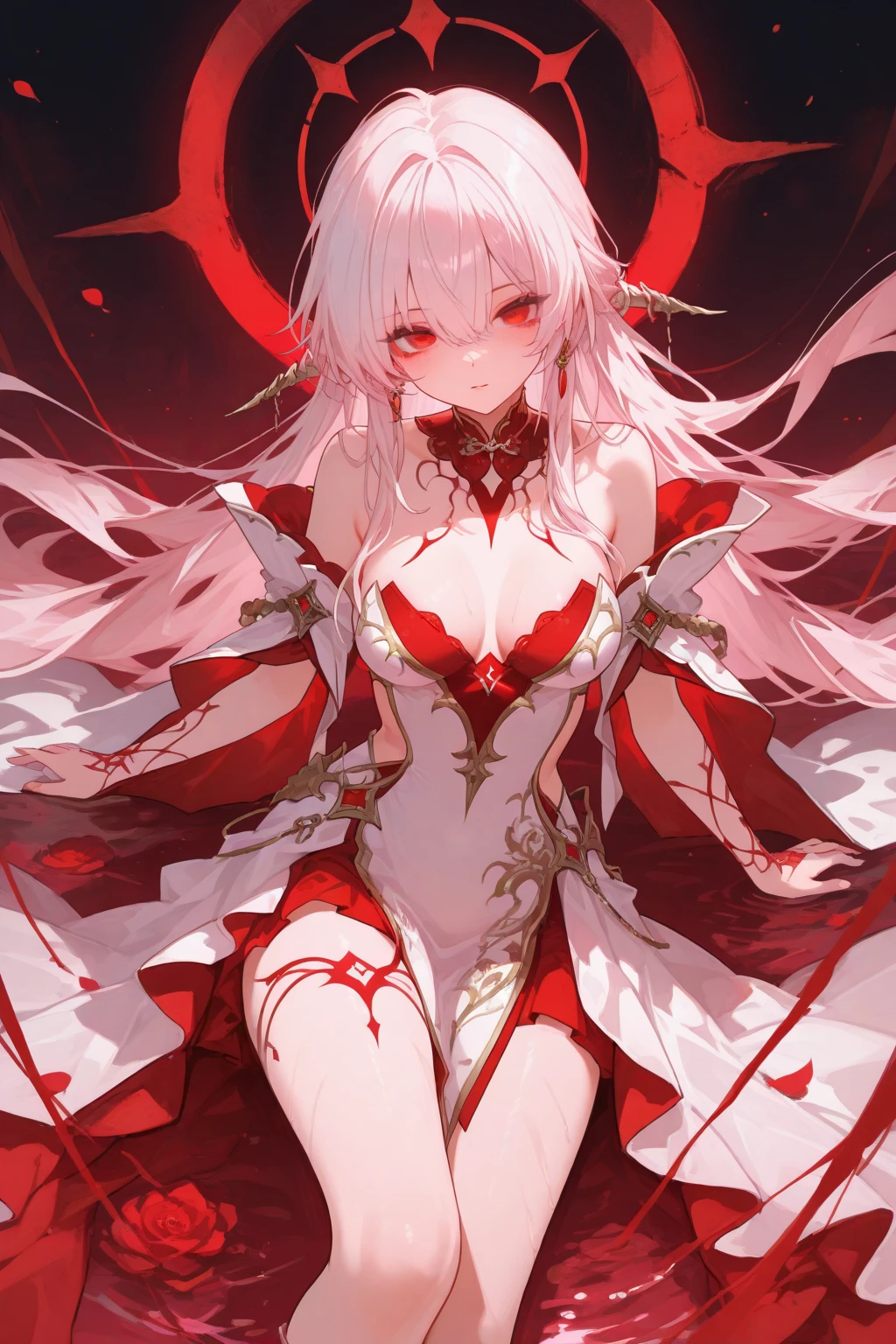 realistic digital painting portrait of a shiranui flare, (Masterpiece:1.2), best quality, (delicate details:1.5), lovely white hair, yellow eyes, (hell:1.5), (blood, black), (devil:1.5), torn cloth armor with damask and chrome engraving, intricate details, (detailed background), (very detailed skin:1.8), (scarlet hair), pointy hair, (closed eyes), (nude:1.2), skinny, navel, cute, (intricate details), Exquisite details, (disheveled hair), (fantasy), detailed_cute_face, (colored skin),((ruby crystals on body)), (ruby crystals), ((puffy nipples)) (floating crystals), dynamic angle, depth of field, (((scarlet skin))), (wet), ((melting)), scarlet slime, cinematic light, best shadow, light smile, opened mouth, floating, translucent skin, ((floating)), global illumination, art by hoang lap and fuji choko and artgerm, and greg rutkowski and viktoria gavrilenko