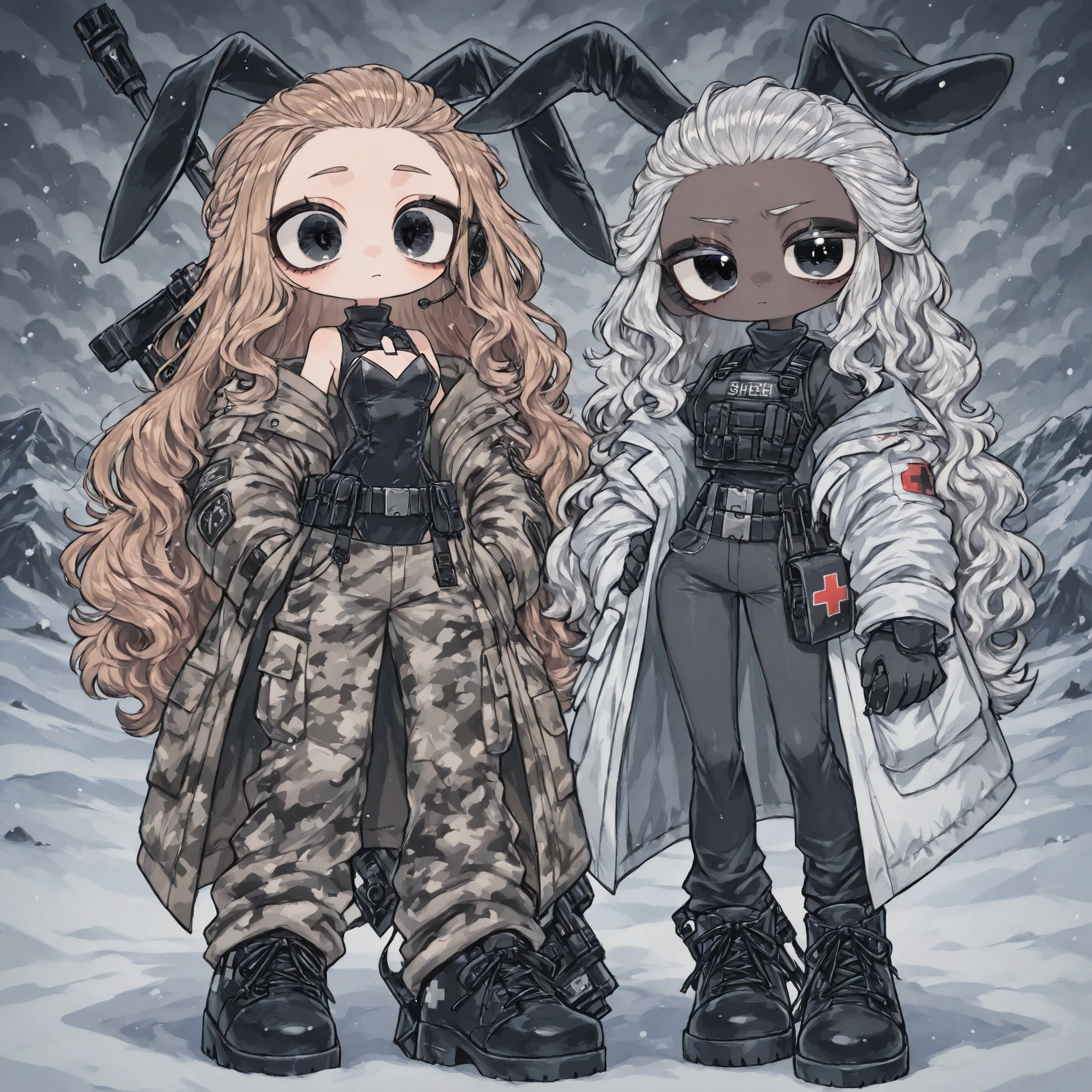 (edanoma_meu_illu,portrait) black furry bunny is a Military paramedic. She has long black bunny ears and bunny pompom-like tail. She has slim build, small breasts, narrow hips. She has dark tanned skin. She has jet-black short wavy hair slicked back. She has black eyes. She has red lipstick and black eyeshadow. She is wearing a winter military uniform with an ash-white camouflage print:a oversize coat and  warm pants with pockets. She is wearing a black bulletproof vest, a belt with a pouch, and a hip-belt with an additional purse. She wears military black ankle boots with white lacing. She has a military medic's emergency medical kit on her back. On her shoulders she has a red patch in the form of a medical cross. she has walky talky on her chest and earphone on one of her ears. She has a service pistol on her belt and a Sniper Rifle on her back. (On the background:slightly snowy tundra landscape,with cloudy light snowfall.)