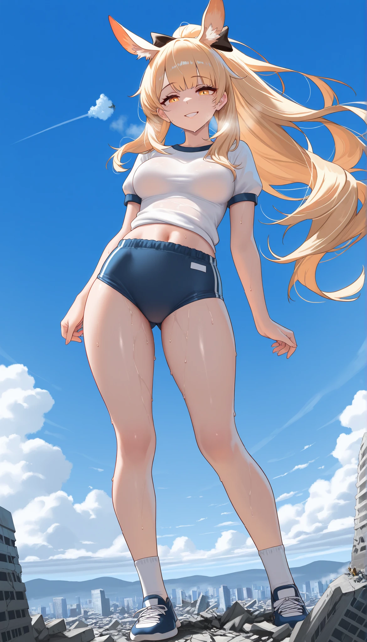 1girl, solo, (giantess:1.4), microcity,blemishine_arknights, , Urban rubble being kicked up in the air, impact, smile, collapsed city, Outdoors, Blue Sky, fullbody, very aesthetic, absurdres, seductive body, gym shirt, gym bloomers, buruma, sweat, lewd face, Tight bodies, glamorous body, (Masterpiece, pov, panorama, best quality, masterpiece, best quality