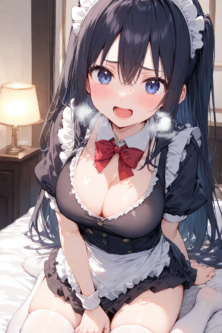 (masterpiece), best quality, (warm color:1.2), (warm lighting:1.2), full body, expressive eyes, beautiful elegant face, drunk expression, {{SakurajimaMai:1.2}}, ((Sakurajima Mai)), black hair, bangs, blue eyes, hairclips, bunny hairclip, 1 girl, looking at viewer, in bedroom, (((warm skin tone))), ((solo, smiling, blushing)), (high quality, 8k, 4K, High Contrast, masterpiece:1.2, 最high quality, Best aesthetics), Beauty, Maid costume, Very detailed, Seductive and erotic with lace headdress, ((excessive cum on her face:2.4)), ((long thick strands of cum:2.4))