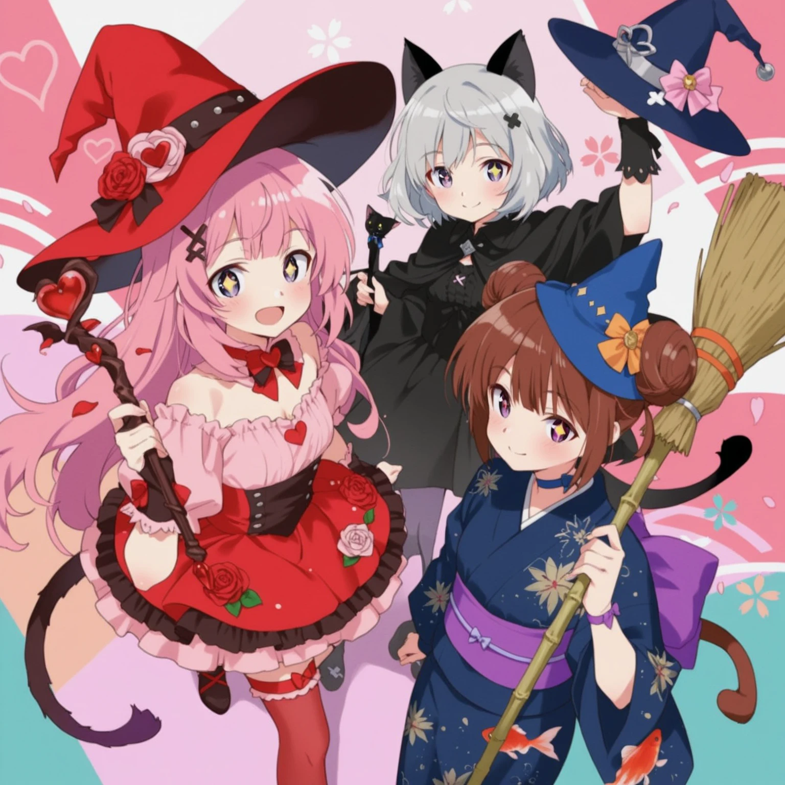 【composition】3人の魔女が三角形compositionで配置された、well-balanced group shot、中央やや後ろにBlack cat witch、Left frontに Witch in love、Right front にJapanese Wind Witch、full body shot、dynamic composition 【main scene】
fantastic space with magical light and stardust dancing、with 3 witches arranged in a triangular composition、magical atmosphere、Soft light at dusk 【1st person: Witch in love (Left front)】
Pink Long Curly Hair、Witch hat with red hearts、pastel color gradation background {x} Blue witch hat studded with cherry blossom petals {x} red and pink dress decorated with roses and hearts、Love stick in hand、smiling、sparkling eyes、standing slightly to the right 【Second Person:Black cat witch (Behind the center)】
Silver short hair、black cat ears、Jet black dress and cape、Chic black witch hat、Silver decoration、purple eyes、cool expression、Holding a black wand、cat tail、frontal pose 【3rd person :Japanese Wind Witch (Right front )】
dark blue yukata、Goldfish and fireworks pattern、Purple Belt、brown Japanese-style bun hair、桜の花びらが散りばめられた青い魔女帽子、Holding a bamboo broom、gentle smile、standing slightly to the left high quality, beautiful details, soft lighting, vibrant colors, kawaii, anime style