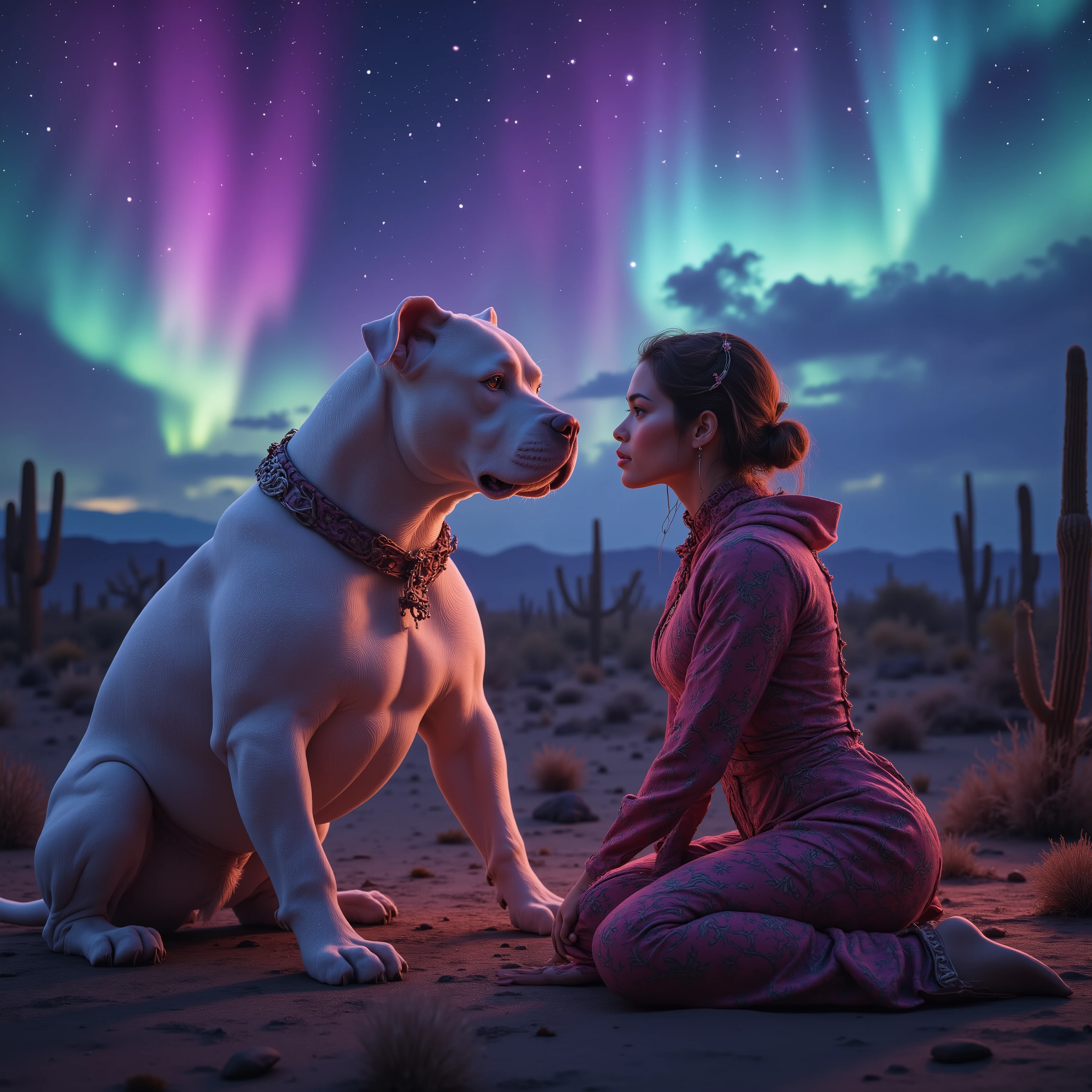 Ultra-realistic, photo-realistic, ultra-detailed, A very large muscular white-haired red-nose pitbull with an enormous head standing face to face with an extremely attractive young woman. Outside shot, desert, cacti, very bright vibrant colors of intense Aurora Borealis seen in the sky. Photorealistic, cinematic portrait, cinematic photography, cinematic lighting, attention to detail, UHD,16k, best quality, masterpiece