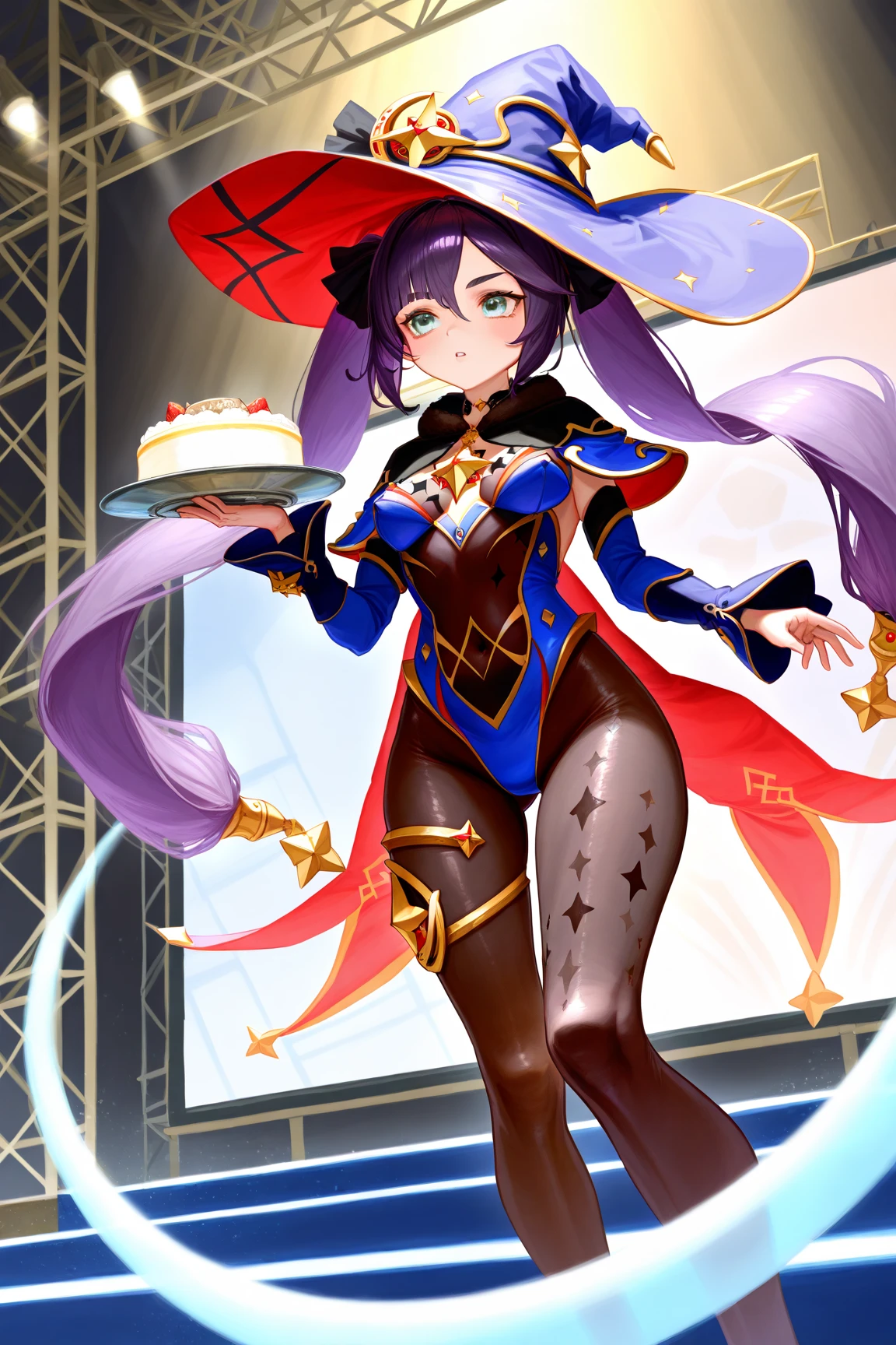 <lora:twistedscarlett60_style:0.8>,((masterpiece,best quality)), absurdres, <lora:Mona_Christmas:0.8>, Mona_Christmas, twintails, white pantyhose, red witch hat, hand on hip, hand behind back, hip to side, contrapposto, solo, smiling, looking at viewer, cowboy shot,