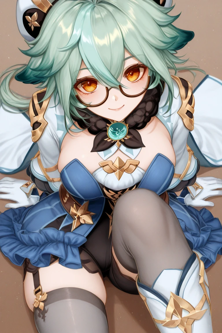 wizard,Ragnarok Online,Blue hair,thick thighs,large breast,black outfit,black rabbit fake ears,{under rim glasses},Naughty face,Round library,celtic,{sitting,Open legs},