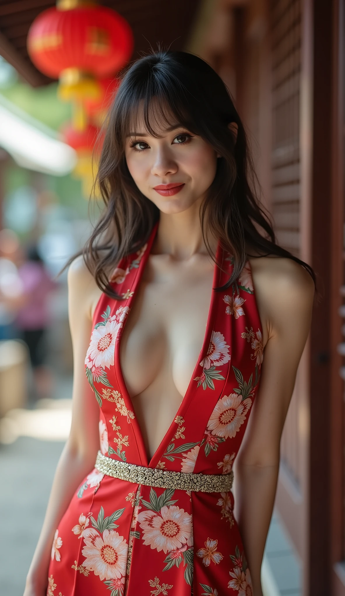 masterpiece:1.2、Highest quality)、(live-action、Exquisite detail、Depth of written boundary)、(One girl、solo)、makeup、開いたlips、Very detailed、Perfect Face、(Mid-chest:1.4)、Thick thighs、Wide Hips、Narrow waist、tall、lips、(Wearing a beautiful red wedding dress with floral embroidery、Shy, angry and crying full body portrait、Beautiful natural breasts with thin cleavage)、(sweating:1.5)、(Wet)、sexy、blush、(Highest quality、8K、32k、masterpiece、uhd:1.5)、Charming Japan girl photo、One girl、Abdominal muscles、Perfect body、Ultra detailed face、詳細なlips、Narrow eyes、double eyelid、In the garden at sunset、(Tempting)、((excited:1.5))、One girl、solo、Beautiful, full, thick, natural breasts、Are standing、Bokeh effect、Shot with a professional camera、Cute smile that looks natural、mini skirt、