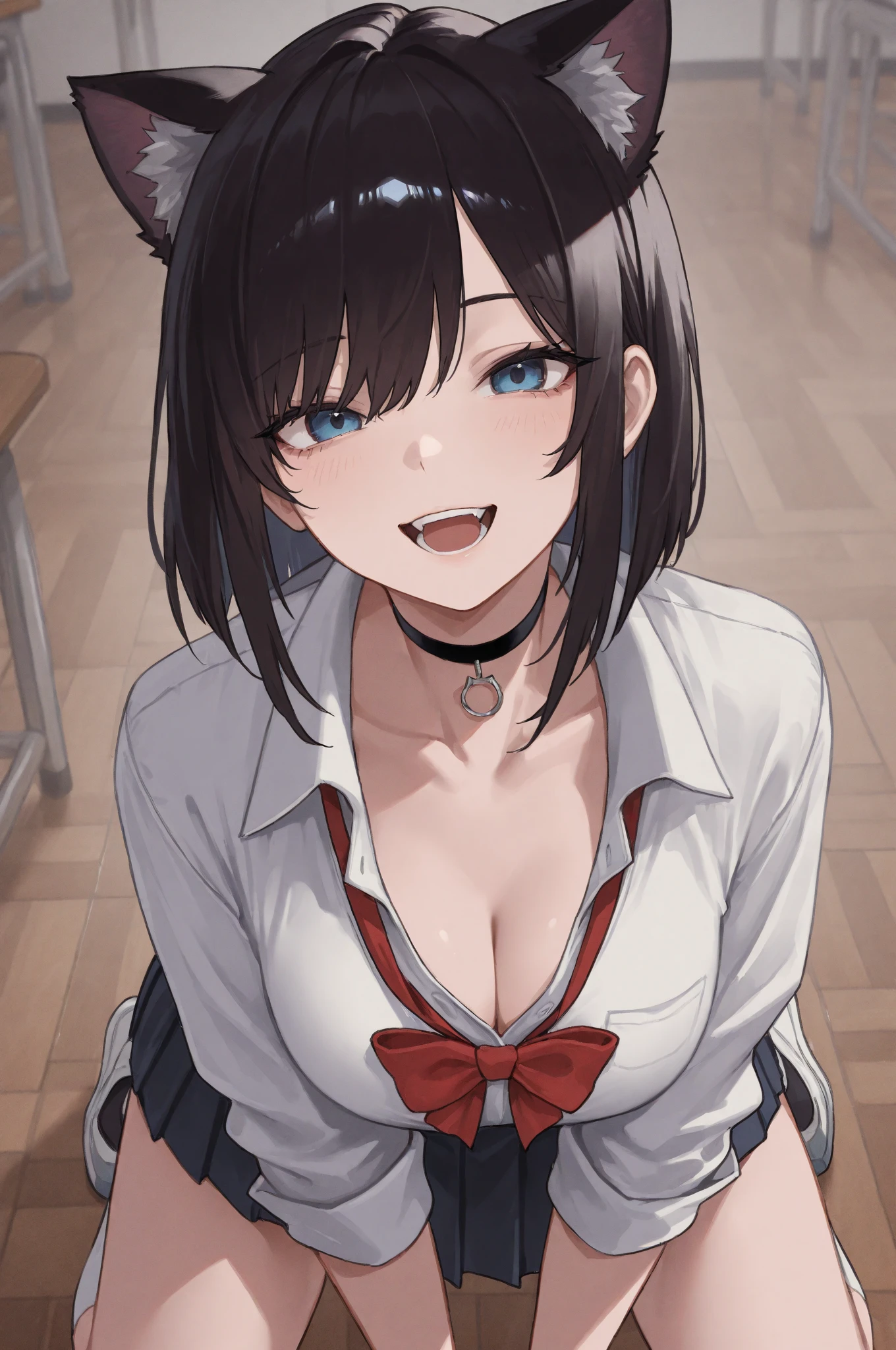 score_9,score_8_up,score_7_up,source_anime,rating_safe BREAK masterpiece,highres,best quality,high quality,dramatic angle,cinematic lighting,1girl,<lora:NightOfRevenge_pony_V1-000020:0.86>,black hair,gradient hair,gradient hair,yellow eyes,white shirt,bowtie,underbust,capelet,bare shoulders,detached sleeves,thigh boots,tattoo,ribbon,looking at viewer,embarrassed,huge breasts,frills,hands on own chest,indoors,bed,aradia