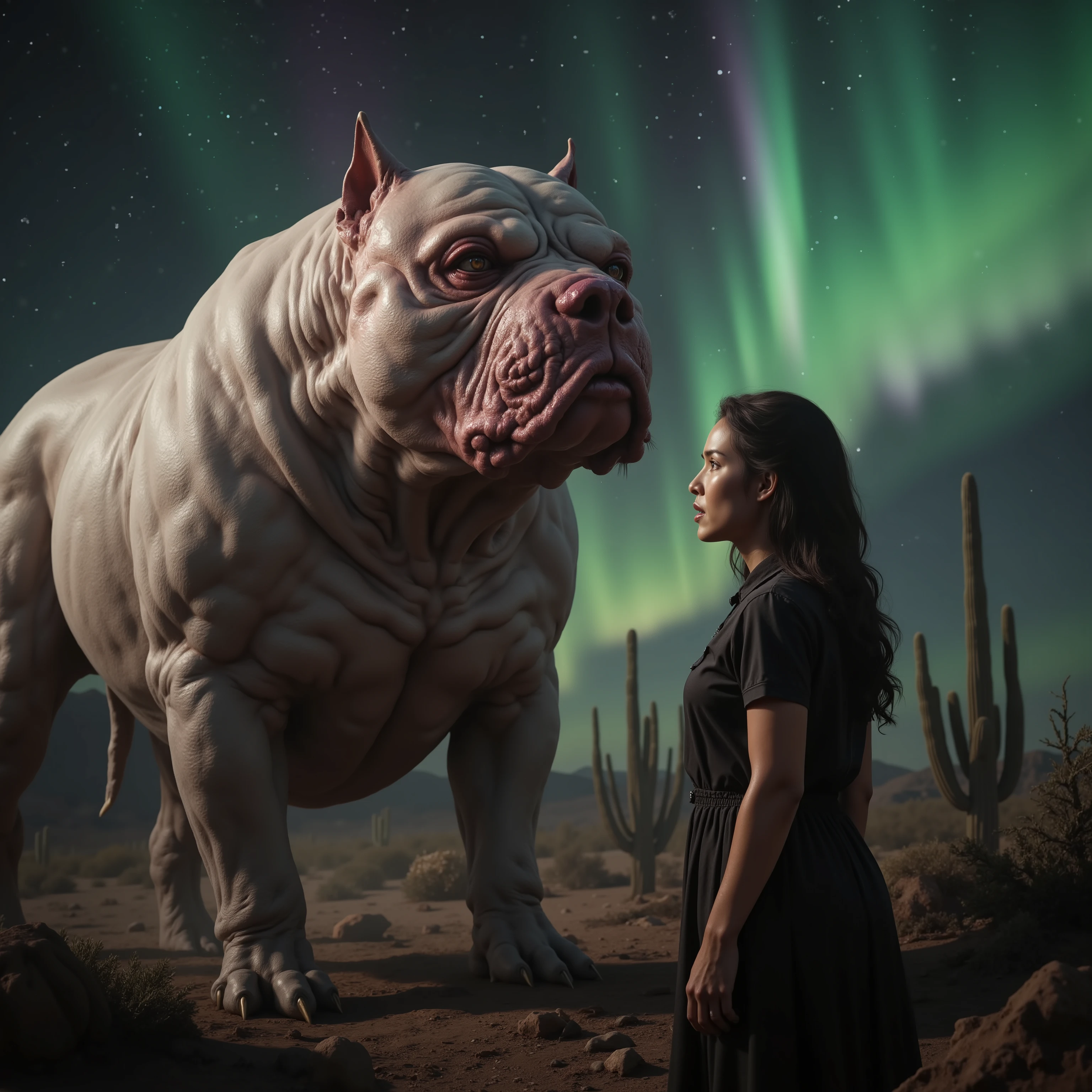 A very large muscular white-haired red nose pitbull with the enormous head of a pitbull and the body of a man, standing face to face with a horrified and extremely attractive young woman. Outside shot, desert, cacti, very bright vibrant colors of intense Arora borealis seen in the sky. photorealistic, cinematic portrait, cinematic photography,cinematic lighting, attention to detail,UHD,16k, best quality, masterpiece