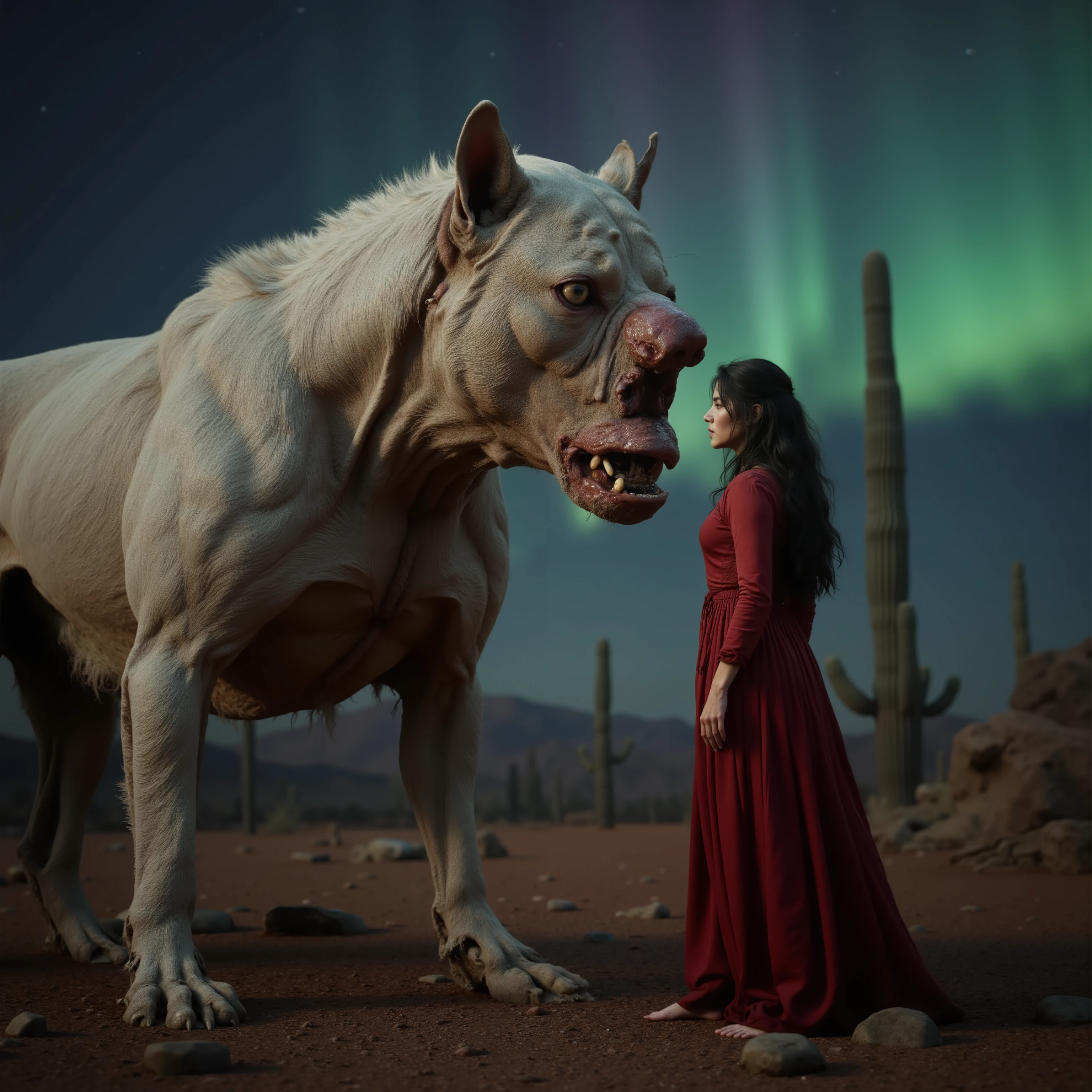 A very large muscular white-haired red nose pitbull with the enormous head of a pitbull and the body of a man, standing face to face with a horrified and extremely attractive young woman. Outside shot, desert, cacti, very bright vibrant colors of intense Arora borealis seen in the sky. photorealistic, cinematic portrait, cinematic photography,cinematic lighting, attention to detail,UHD,16k, best quality, masterpiece
