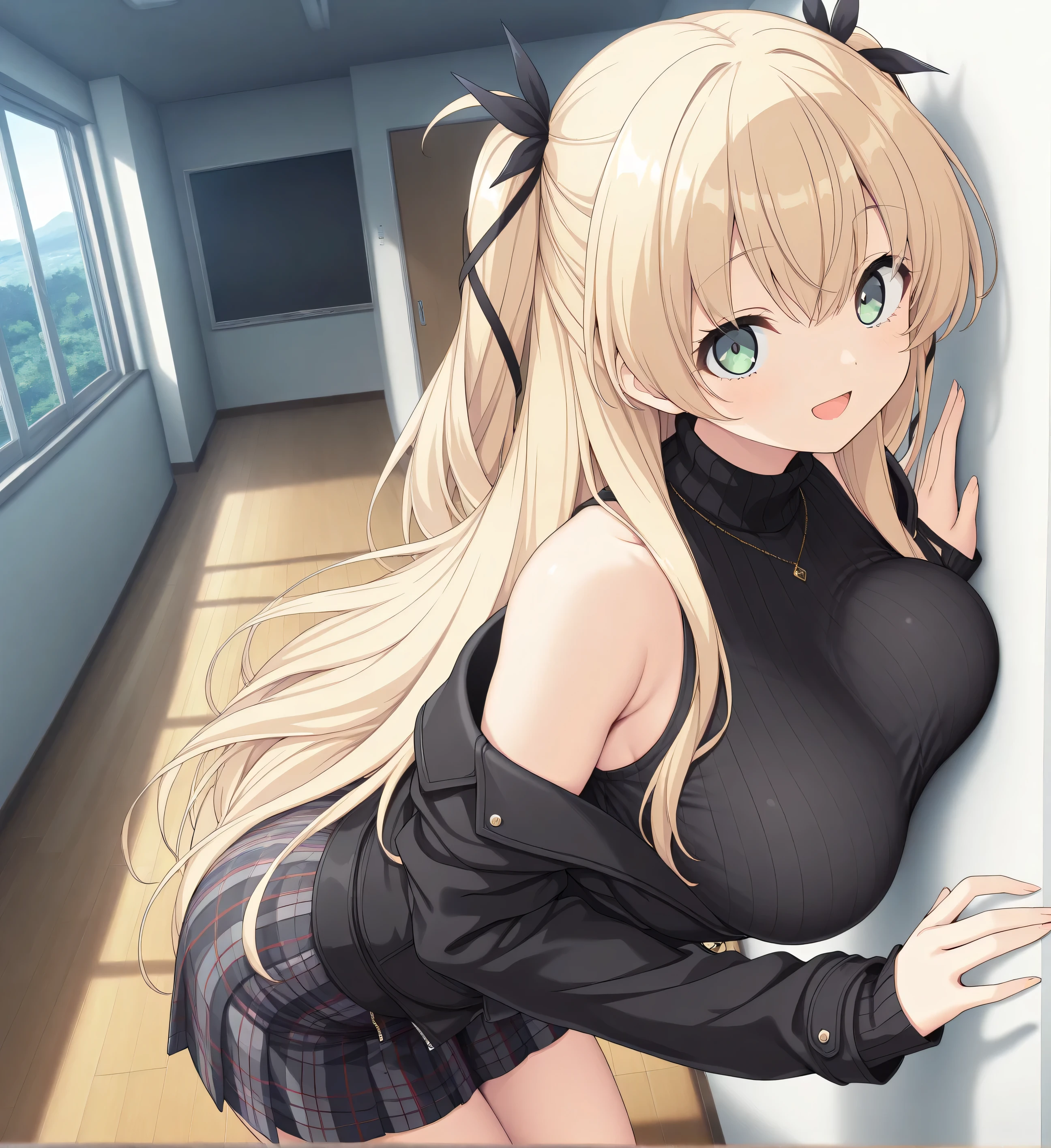 masterpiece, best quality, highres, scenery, newest, 1girl, official style, ren, blonde hair, green eyes, two side up, hair_ribbon, black sweaters, plaid skirt, black jackets, five fingers, looking at viewer, open smile, on wall, room, fully shoulders, normal breasts,