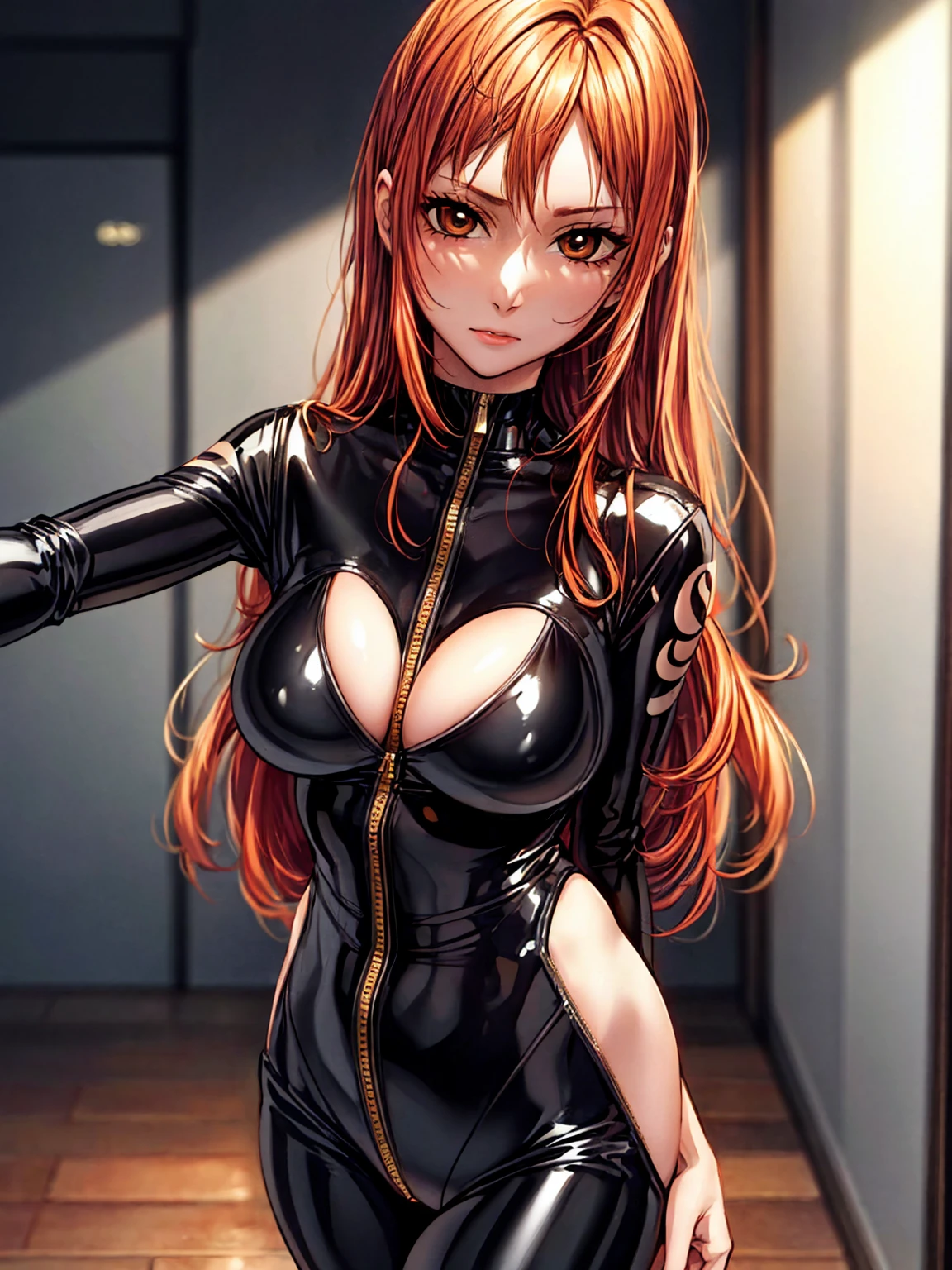(masterpiece, best quality:1.2), absurdres, 1girl, large breasts, navel, thighs, fishnets bodysuit, long hair, Fiery red hair, indoors, colorful, vivid colors, highly detailed, <lora:Fishnet-000018:0.55>, detailed skin texture, (blush:0.2), (goosebumps:0.3), subsurface scattering