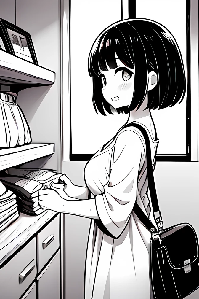 ((( Line art ))),((( monochrome:1.1))),ideal ratio body proportions,1girl ,solo,iris , Dark Eyes ,( small eyes ),(Slanted Eyes) ,open pupils ,(black hair),( short hair ),bangs ,open mouth ,((short stature)),((white long tunic with frills)) ,((v-neck)), (short sleeve),(trumpet sleeve), (big breasts ), (disproportionate breasts) ,(black shoulder bag),(window shopping) ,((embarrassed)),smile,sweat,looking at viewer ,indoor,In the clothing store , arwclothingstoreconcept ,cowboy shot,angle from side,