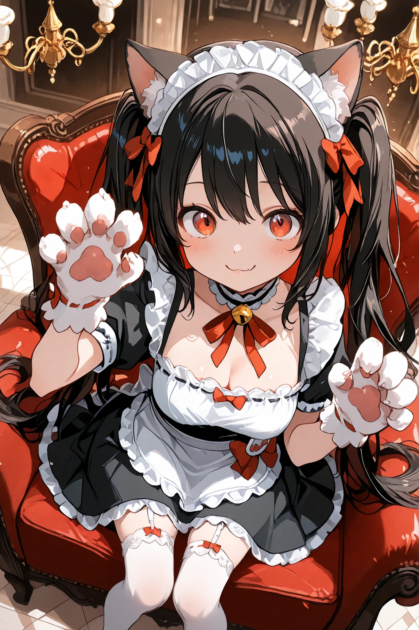 Highest Quality, Masterpiece, ultimate resolution that follows your skin, cat ear maid, adorable expression, Fascinated Eyes, odd-eye,Fluffy Cat Ears, fluffy glove paw, smile with small fangs, above, Moist eyes, maid clothes costume, Lots of frills, pure white apron, Lace Embellished , Miniskirt, Black Stockings, GARTER BELT, choker, black hair twin tail, ribbon decoration, long hair, Shiny hair, Hairstyle to match the cat ears, hair accessories, angle from above, bow and frill details, playful expression, pink cheeks, Glossy Lips, long lashes, white skin, Slender Hands and Feet, With a Flexible Body, how to turn your neck like a cat {x} fluffy maid skirt, Fine lace embellishment, bow and frill details, clean atmosphere, cute gesture, A cat-like gesture, charming expression, Spoiled Personality , Submissive atmosphere, maid cafe style interior, Antique Furniture, chandelier, Warm indoor lighting, gentle atmosphere