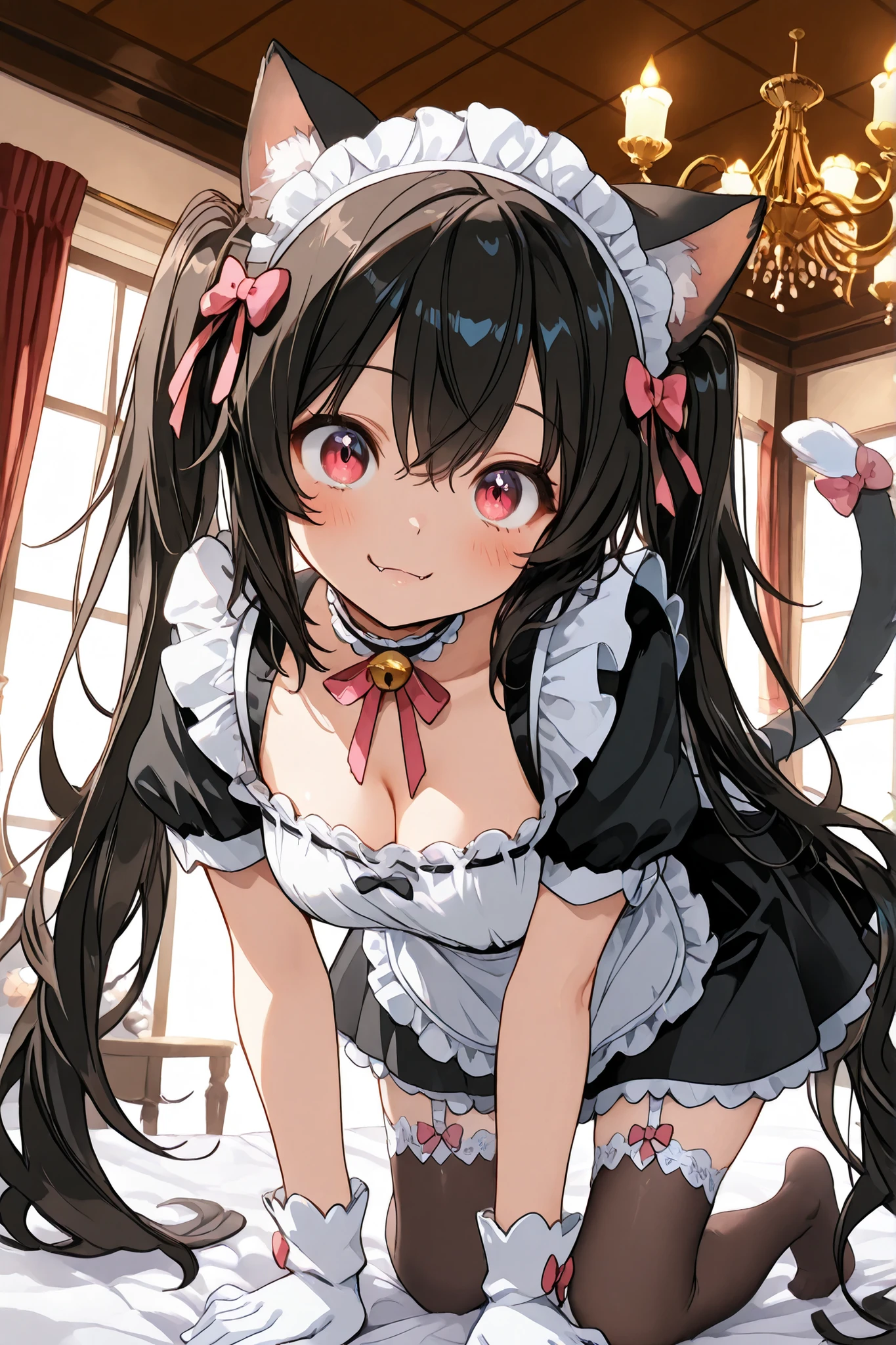 Highest Quality, Masterpiece, ultimate resolution that follows your skin, cat ear maid, adorable expression, Fascinated Eyes, odd-eye,Fluffy Cat Ears, fluffy glove paw, smile with small fangs, Moist eyes, on all fours,maid clothes costume, Lots of frills, pure white apron, Lace Embellished , Miniskirt, Black Stockings, GARTER BELT, choker, black hair twin tail, ribbon decoration, long hair, Shiny hair, Hairstyle to match the cat ears, hair accessories, bow and frill details, playful expression, pink cheeks, Glossy Lips, long lashes, white skin, Slender Hands and Feet, With a Flexible Body, how to turn your neck like a cat {x} fluffy maid skirt, Fine lace embellishment, bow and frill details, clean atmosphere, cute gesture, A cat-like gesture, charming expression, Spoiled Personality , Submissive atmosphere, maid cafe style interior, Antique Furniture, chandelier, Warm indoor lighting, gentle atmosphere