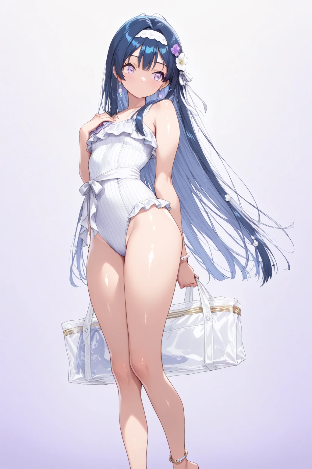 (score_9,score_8_up,score_7_up),source_anime,
<lora:blue_archive_all_v2:0.8>,blue_one-piece_swimsuit, groin, :o, official_alternate_costume, white_background, miyako_\(swimsuit\)_\(blue_archive\), highres, arms_up, frills, covered_navel, simple_background, rabbit_ears, solo, highleg_swimsuit, looking_at_viewer, armpits, water_drop, white_shirt, absurdres, casual_one-piece_swimsuit, frilled_one-piece_swimsuit, miyako_\(blue_archive\), fake_animal_ears, blush, 1girl