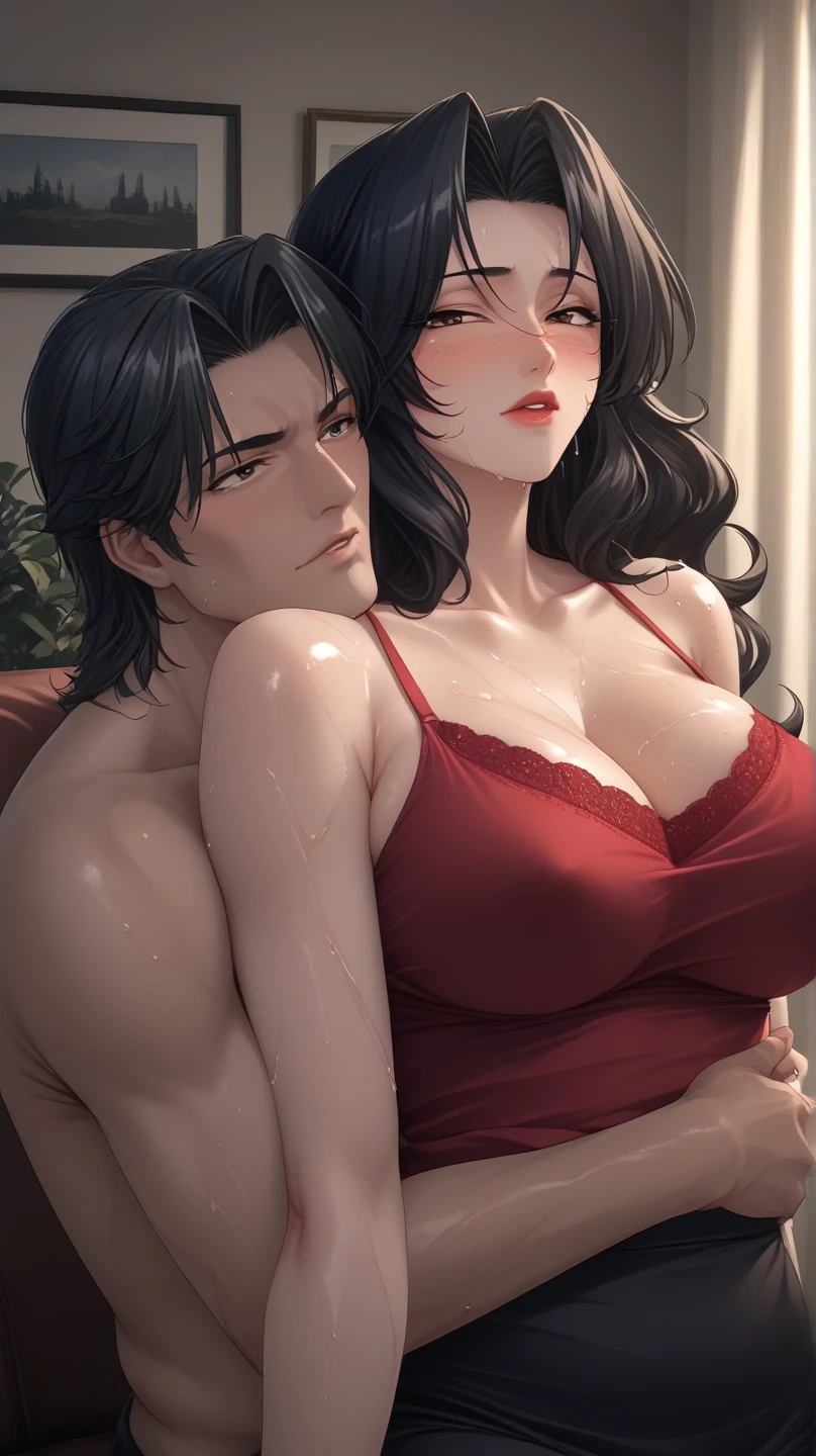 Embarrassed, blushing Mulan lies on her soft tits on the bed in front of a man, a handsome man stands behind her and fucks her
