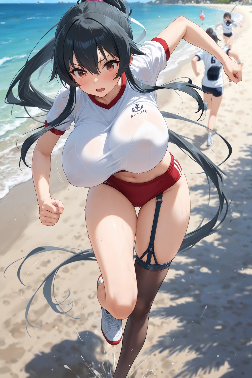 (profile, hard running style), (beautiful plimp body)(solo:2, 18 yo, sweaty skin, straight black hair very long hair beautiful sadist plump girl, angry red eyes, serious sweaty face, glossy lip, bigboobs), in a running suit, break, in the running Running training ground, background ocean, BREAK, perfect anatomy, masterpiece, best quality, 16k, beautiful detailed grow, daydreaming expression.