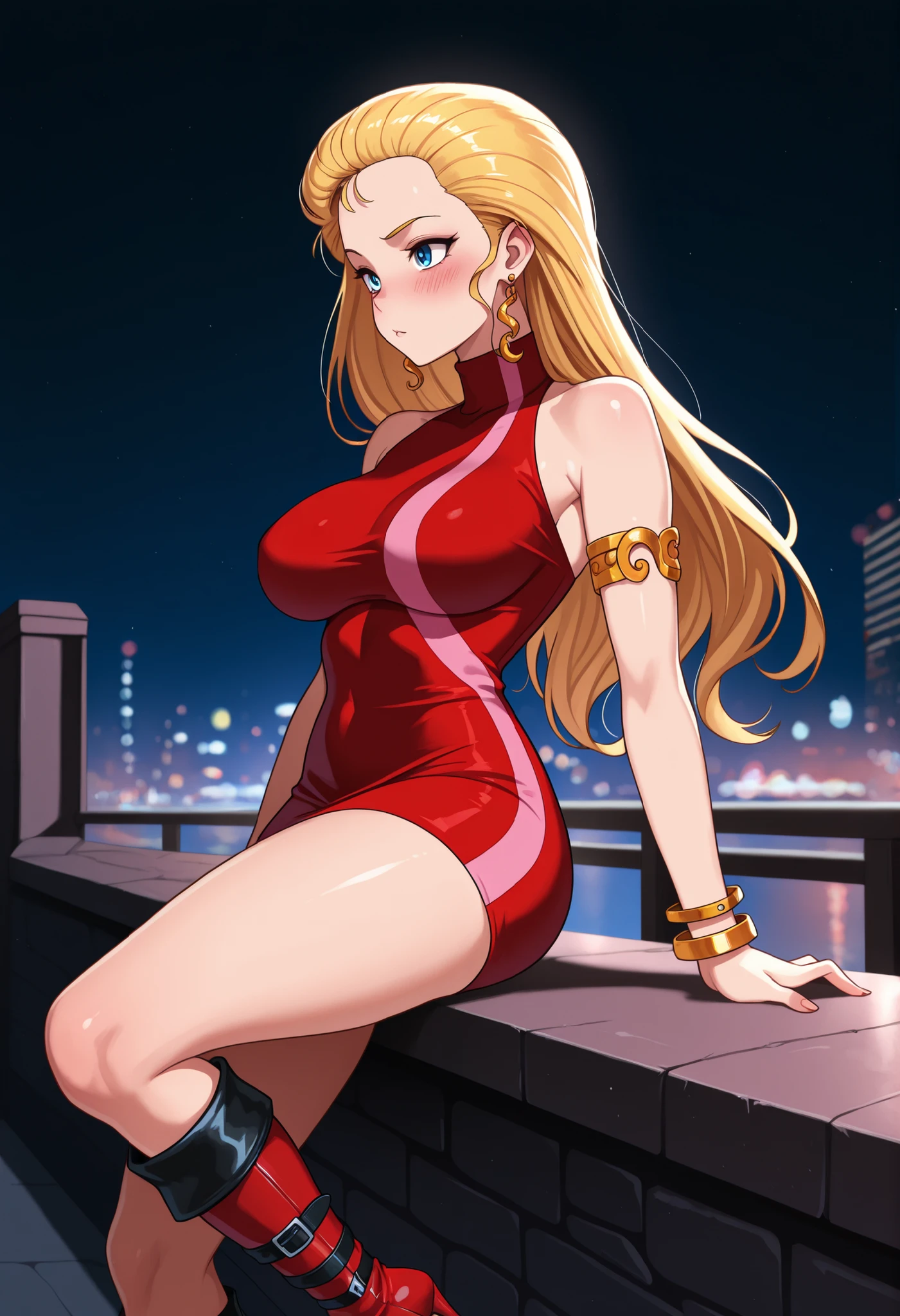 1girl, solo, night street, large breasts, blush, bdc0n, blonde hair, hair slicked back, long hair, blue eyes, earrings, turtleneck dress, red dress, pink stripe, sleeveless, armlet, bangle, short dress, knee boots, high heel boots, red footwear, masterpiece, best quality, amazing quality