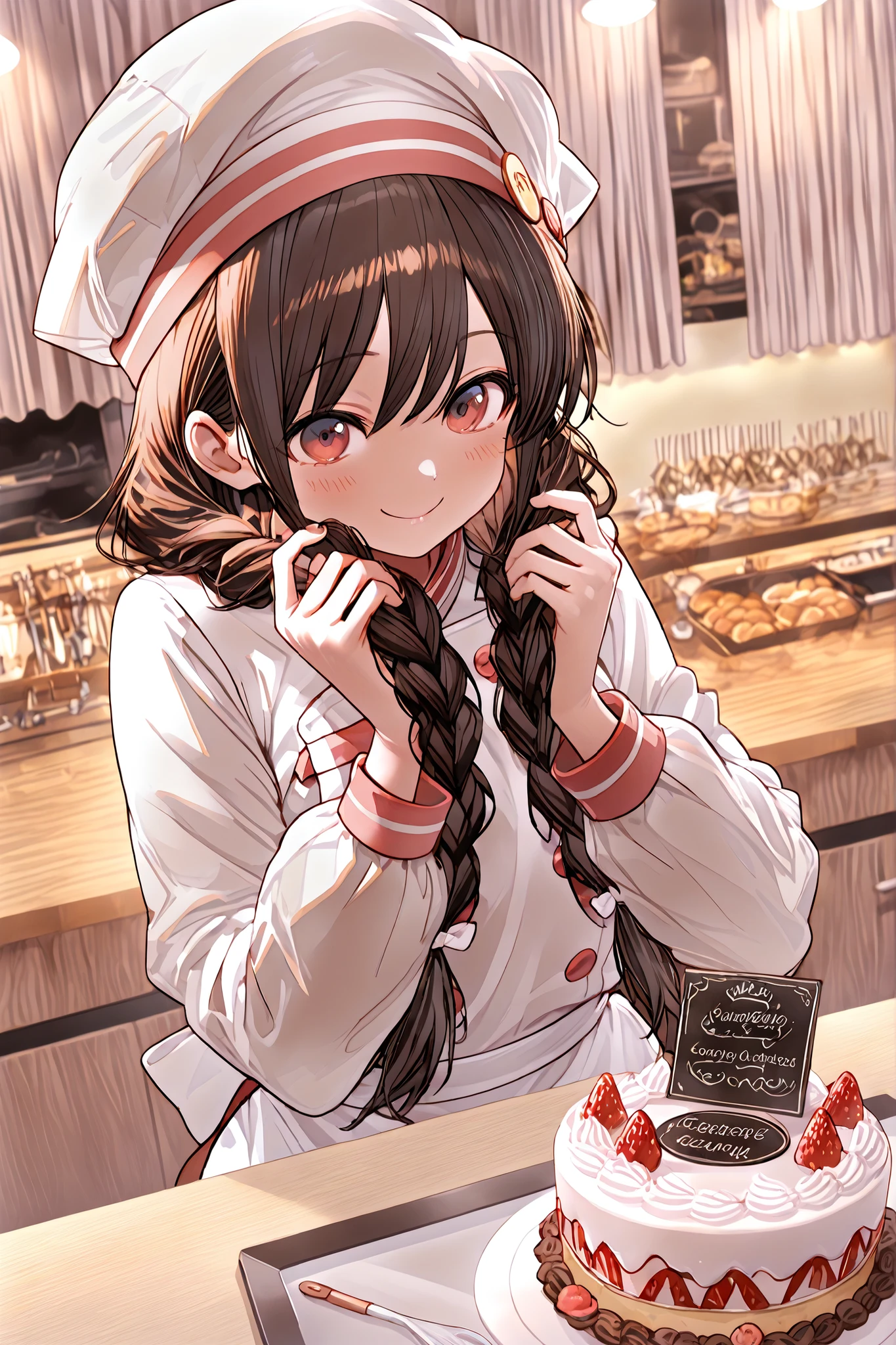 Highest Quality, super high resolution, Masterpiece, A cute pastry chef, Smiling Girl, In front of the showcase, bright atmosphere, white cook hat, Chef Clothing, apron visible from the outside, Nameplate on the chest, ponytail, braids,A net hat to hold hair up, sense of cleanliness, A gorgeous cake display case, multicolored cake, macarons, tarts, Fresh Cream Decor, Fruit decoration, Chocolate work, Inside the Patisserie, Warm Lighting, clean workbench, Fresh Bread Scent, Sweet aroma of cake, Careful handwork, Decorating with a piping bag, Whipping cream, Making delicate cakes, Serious Expression, gentle smile, Customer service, Explanation to customers, Vivid Expression, Atmosphere of Enjoying Work, Adorable In-store Decor, antique furniture, lace curtains, A warm wooden counter, Stylish lighting, Professional techniques, Careful Work, A gorgeous and charming atmosphere, sense of cleanlinessのある空間, inside the store where the morning light shines in, Preparing to arrange cakes, serenity before opening , A lively customer service scene, happy expression