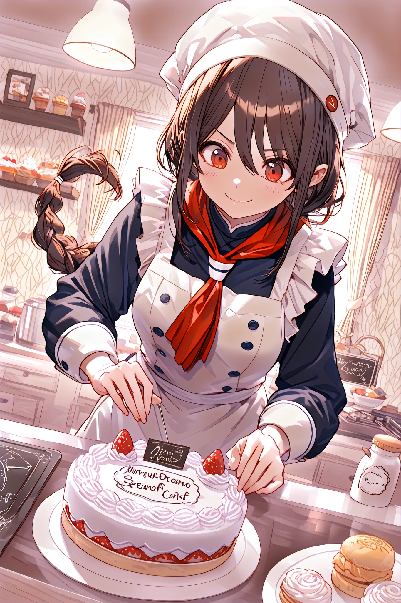 Highest Quality, super high resolution, Masterpiece, A cute pastry chef, Smiling Girl, In front of the showcase, bright atmosphere, white cook hat, Chef Clothing, apron visible from the outside, Nameplate on the chest, ponytail, braids,A net hat to hold hair up, sense of cleanliness, A gorgeous cake display case, multicolored cake, macarons, tarts, Fresh Cream Decor, Fruit decoration, Chocolate work, Inside the Patisserie, Warm Lighting, clean workbench, Fresh Bread Scent, Sweet aroma of cake, Careful handwork, Decorating with a piping bag, Whipping cream, Making delicate cakes, Serious Expression, gentle smile, Customer service, Explanation to customers, Vivid Expression, Atmosphere of Enjoying Work, Adorable In-store Decor, antique furniture, lace curtains, A warm wooden counter, Stylish lighting, Professional techniques, Careful Work, A gorgeous and charming atmosphere, sense of cleanlinessのある空間, inside the store where the morning light shines in, Preparing to arrange cakes, serenity before opening , A lively customer service scene, happy expression
