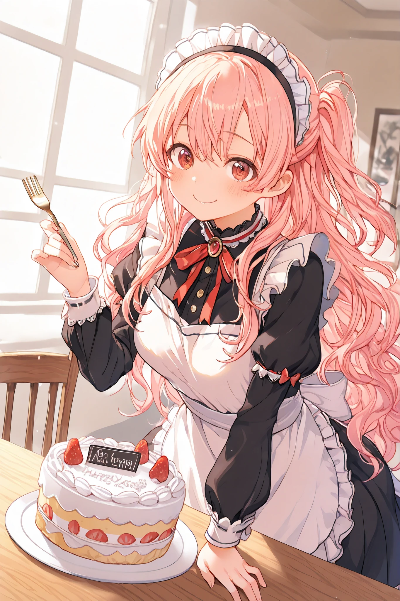 Highest Quality, super high resolution, masterpiece, A cute girl offering a cake, gentle smile, upward-looking expression, A gesture of carefully holding the cake with both hands, Delicate Fingers , A cake on a white plate, A pose of leaning forward as if offering it, Modest Gesture , strawberry shortcake, fighting over a cake with fluffy fresh cream, Bright Red Strawberries, A sparkling cake fork, A small silver plate, pink dress, white ruffle apron with wooden tray, Ribbon Embellishment , Lace sleeves, Chest Brooch, Neat attire, Half Up Hairstyle, Soft wavy hair, A small ribbon on the side, glossy hair, natural hair flow , shy smile, Pale cheeks, sparkling eyes, kind expression, The line of sight you look at your opponent , cafe table, antique chair, A lace tablecloth, Warm indoor lighting, soft light, A cake display case in the background, cute interior decoration , A warm wood-grain interior, stylish atmosphere, 「please」A look that seems to say , A Heart of Hospitality, Sweet Scented Space, happy atmosphere