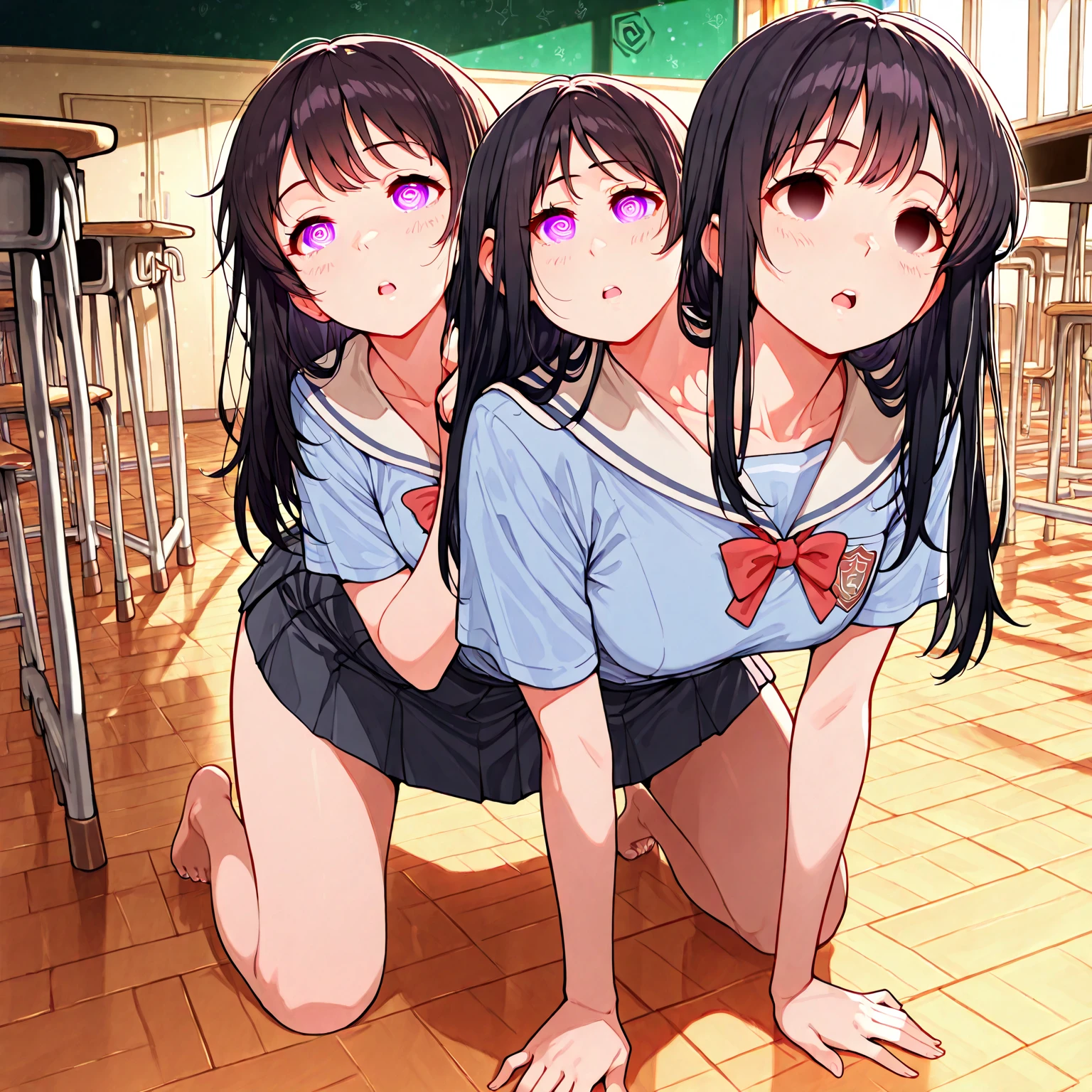 NSFW,(3 women、three naked people:1.8)、pussy juice、Very embarrassed、highest quality、table top、classroom、high school girl、During class、(cum in pussy:1.9)