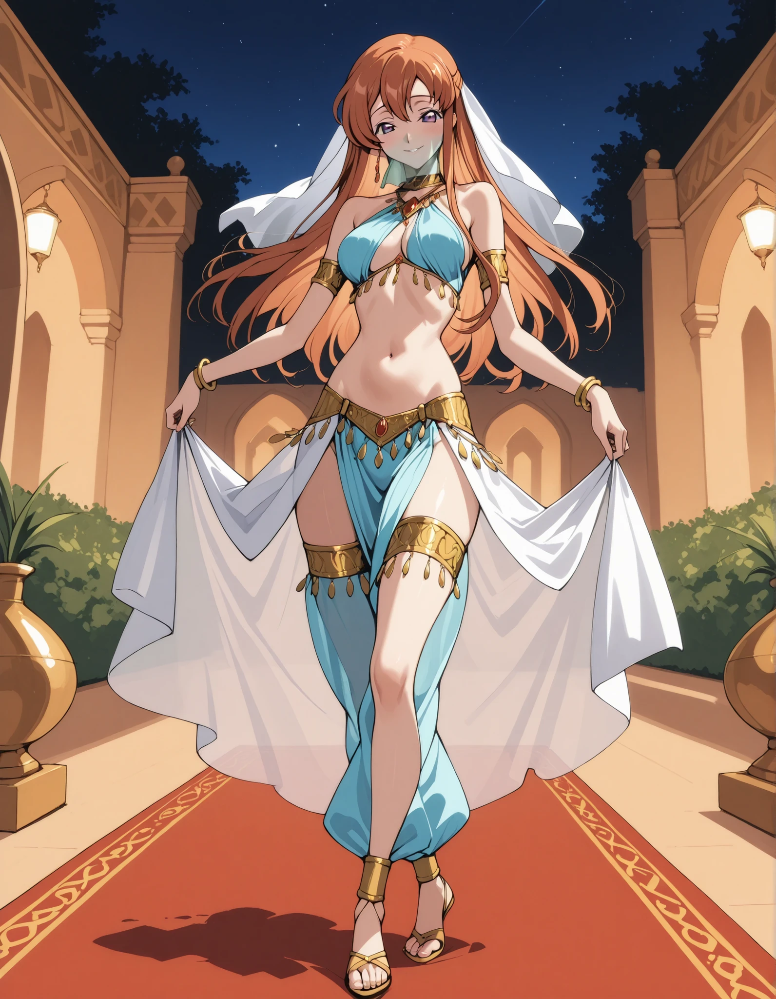 (1girl:1 . 5) , (Seul:1 . 5) , score_9 , score_8_haut , score_7_haut , source_anime , Official work , ultra-detailed , masterpiece , best quality selfie snapshot , high resolution , beaux yeux , detailed eyes , detailed face , beautiful detailed eyes ,Code Geass,Shirley Fenette,Arabian Clothes , Arabian Dancer ,belly dancer costume ,full body,mouth veil,golden jewelery,armlet, belly dancing,night,arabian garden,seductive smile, dancing with veil, dynamic movement,dance posture, seductive pose