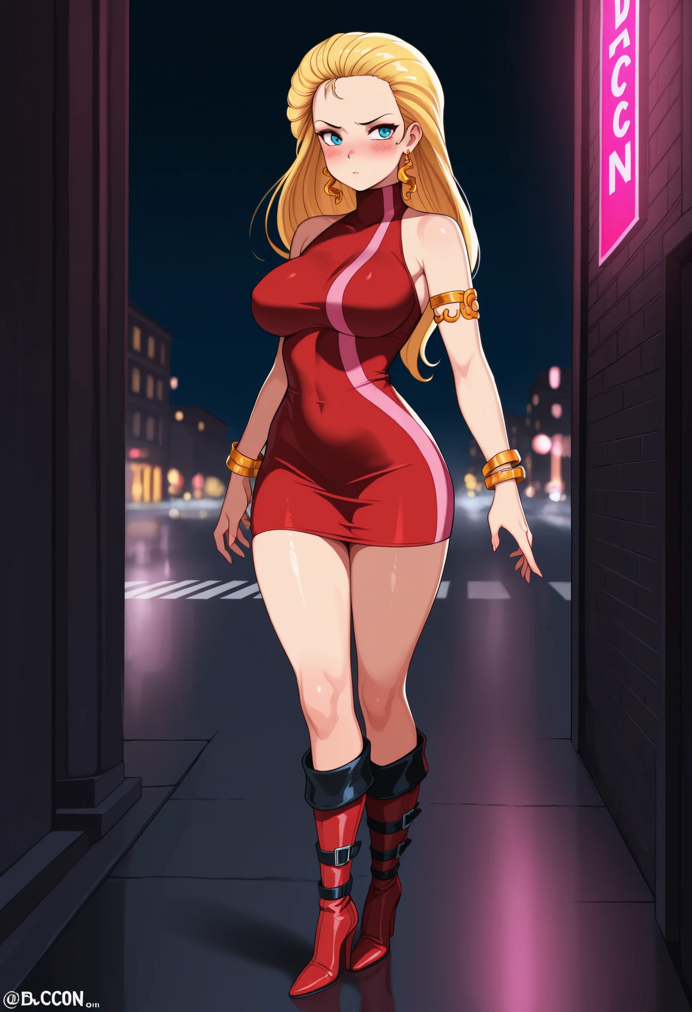 1girl, solo, night street, large breasts, blush, bdc0n, blonde hair, hair slicked back, long hair, blue eyes, earrings, turtleneck dress, red dress, pink stripe, sleeveless, armlet, bangle, short dress, knee boots, high heel boots, red footwear, masterpiece, best quality, amazing quality