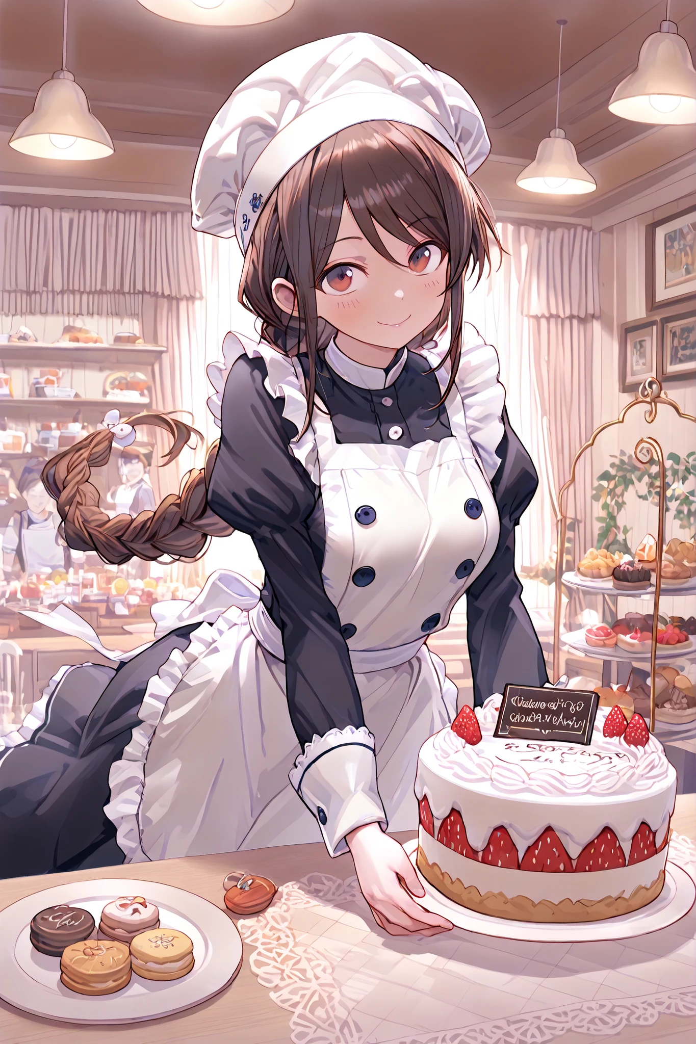 Highest Quality, super high resolution, Masterpiece, A cute pastry chef, Smiling Girl, In front of the showcase, bright atmosphere, white cook hat, Chef Clothing, apron visible from the outside, Nameplate on the chest, ponytail, braids,A net hat to hold hair up, sense of cleanliness, A gorgeous cake display case, multicolored cake, macarons, tarts, Fresh Cream Decor, Fruit decoration, Chocolate work, Inside the Patisserie, Warm Lighting, clean workbench, Fresh Bread Scent, Sweet aroma of cake, Careful handwork, Decorating with a piping bag, Whipping cream, Making delicate cakes, Serious Expression, gentle smile, Customer service, Explanation to customers, Vivid Expression, Atmosphere of Enjoying Work, Adorable In-store Decor, antique furniture, lace curtains, A warm wooden counter, Stylish lighting, Professional techniques, Careful Work, A gorgeous and charming atmosphere, sense of cleanlinessのある空間, inside the store where the morning light shines in, Preparing to arrange cakes, serenity before opening , A lively customer service scene, happy expression