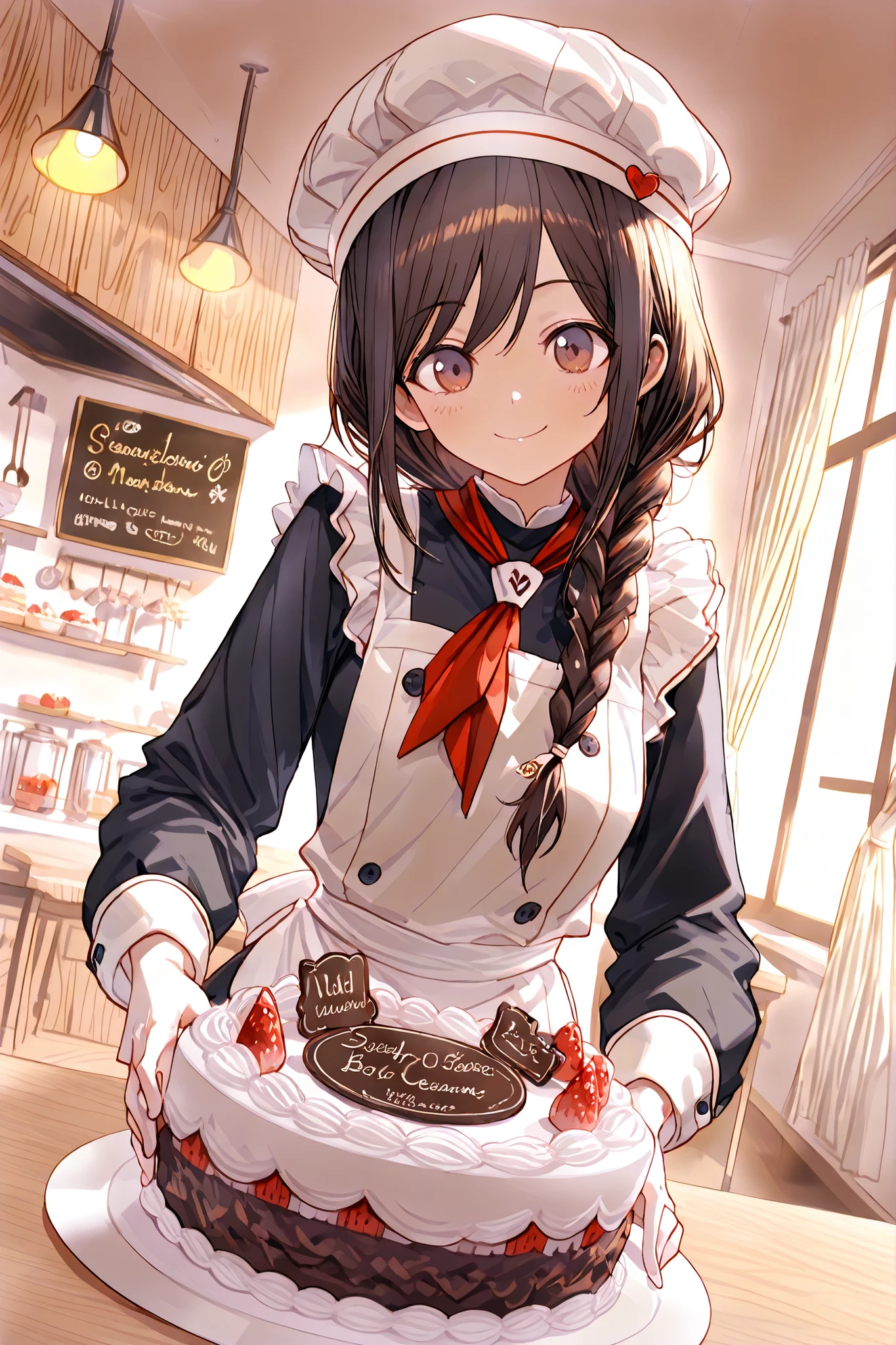 Highest Quality, super high resolution, Masterpiece, A cute pastry chef, Smiling Girl, In front of the showcase, bright atmosphere, white cook hat, Chef Clothing, apron visible from the outside, Nameplate on the chest, ponytail, braids,A net hat to hold hair up, sense of cleanliness, A gorgeous cake display case, multicolored cake, macarons, tarts, Fresh Cream Decor, Fruit decoration, Chocolate work, Inside the Patisserie, Warm Lighting, clean workbench, Fresh Bread Scent, Sweet aroma of cake, Careful handwork, Decorating with a piping bag, Whipping cream, Making delicate cakes, Serious Expression, gentle smile, Customer service, Explanation to customers, Vivid Expression, Atmosphere of Enjoying Work, Adorable In-store Decor, antique furniture, lace curtains, A warm wooden counter, Stylish lighting, Professional techniques, Careful Work, A gorgeous and charming atmosphere, sense of cleanlinessのある空間, inside the store where the morning light shines in, Preparing to arrange cakes, serenity before opening , A lively customer service scene, happy expression