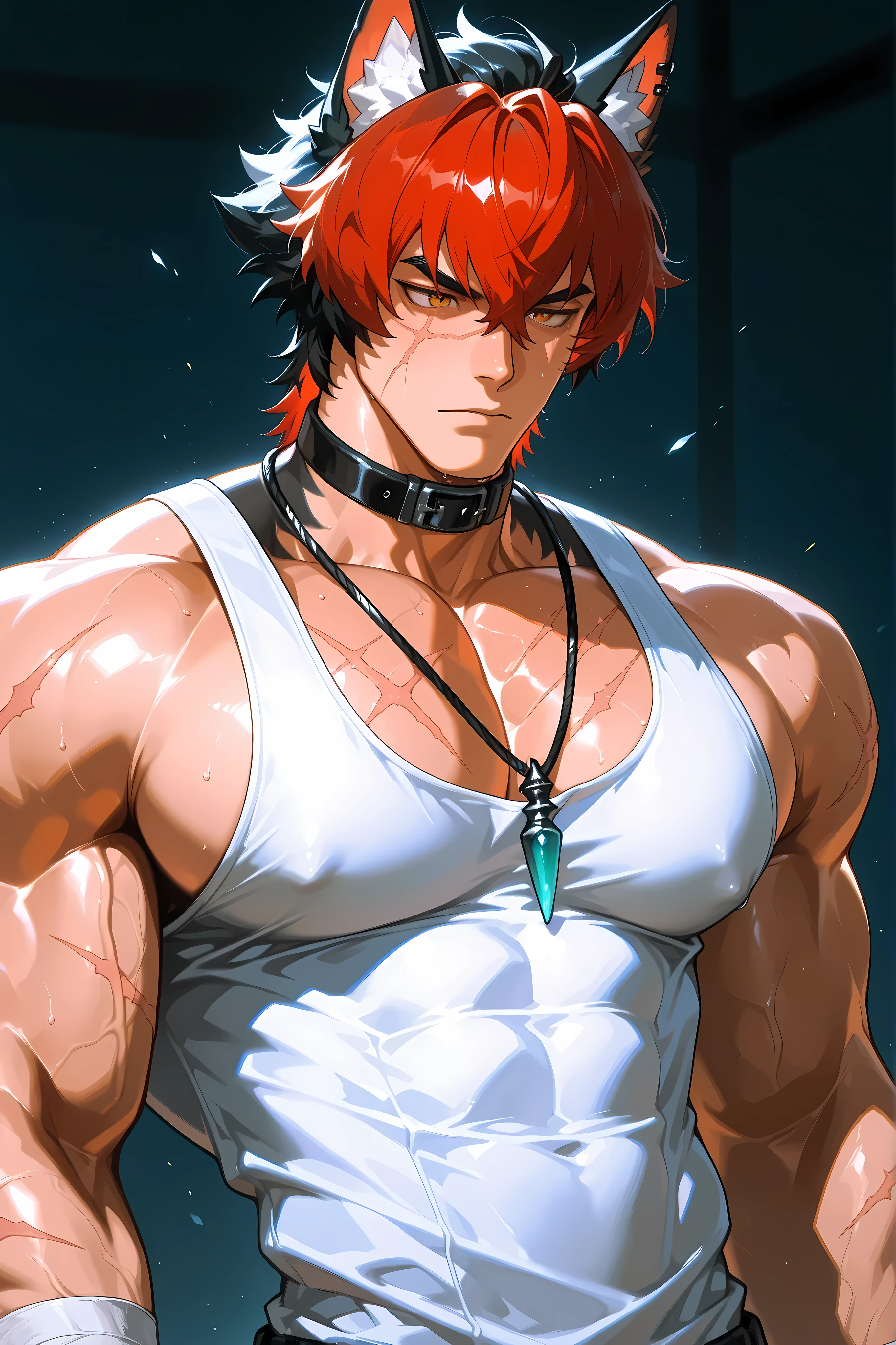 komano, animal ears, male focus, short hair, red hair, muscular, black hair, bara, multicolored hair, large pectorals, two-tone hair, scar, collar, jewelry, wolf ears, necklace, scar on face, tank top, (artist:dizdoodz:0.8)