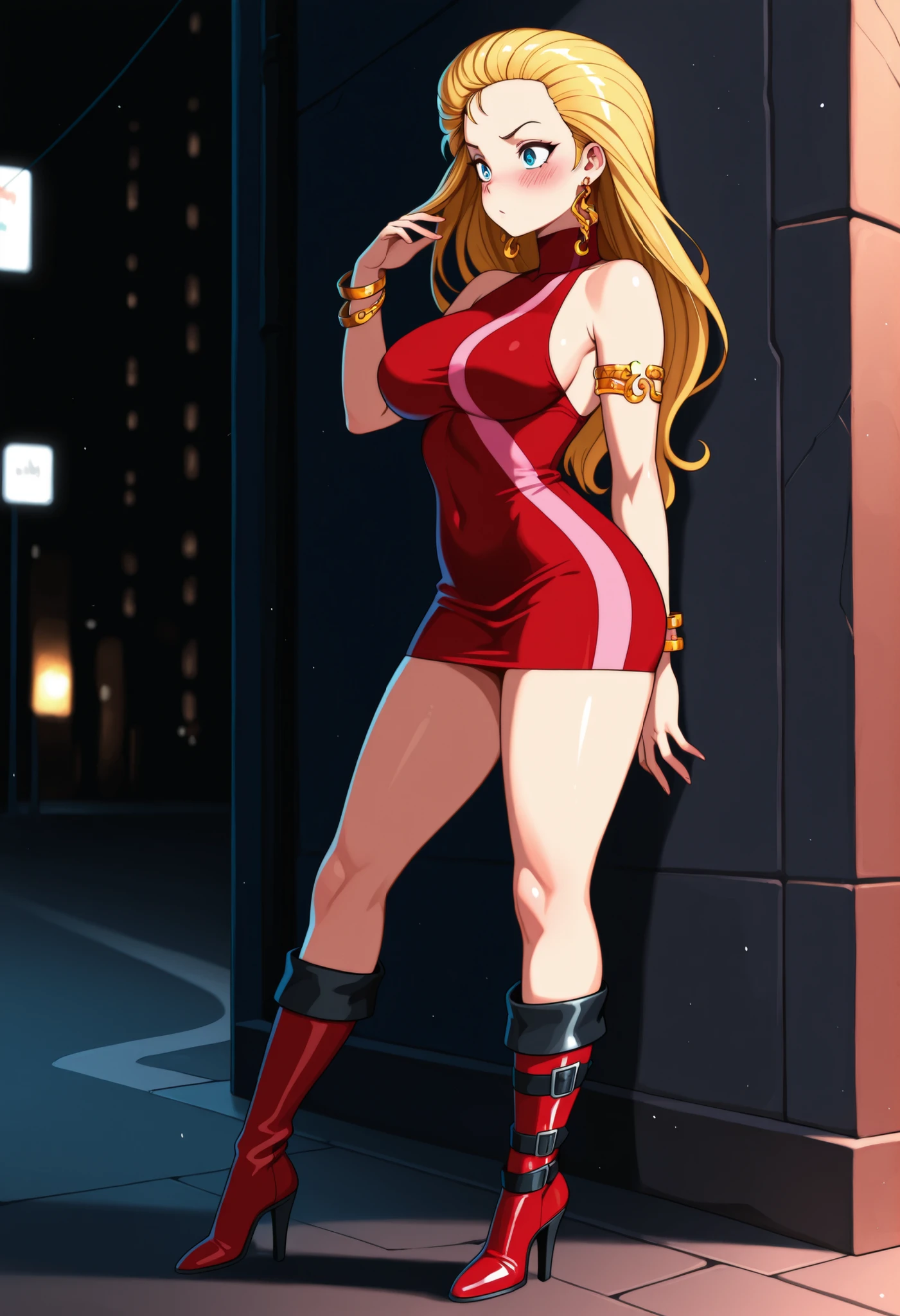 1girl, solo, night street, large breasts, blush, bdc0n, blonde hair, hair slicked back, long hair, blue eyes, earrings, turtleneck dress, red dress, pink stripe, sleeveless, armlet, bangle, short dress, knee boots, high heel boots, red footwear, masterpiece, best quality, amazing quality