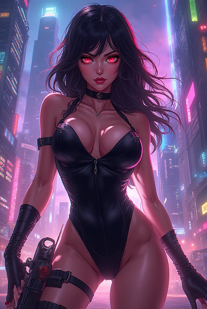 (masterpiece, best quality, ultra detailed, absurdres)1.5, 1girl, (sexy, beautiful woman, perfect face, perfect eyes, perfect female body, huge breasts)1.5, (demon girl, red skin, long hair, black hair, demon horns, highleg leotard, elbow gloves, thighhighs, knee boots, high heel boots, <lora:demon_girl-v2:0.9>), (standing, rooftop, modern city in background, night sky), perfect lighting, smooth, hdr