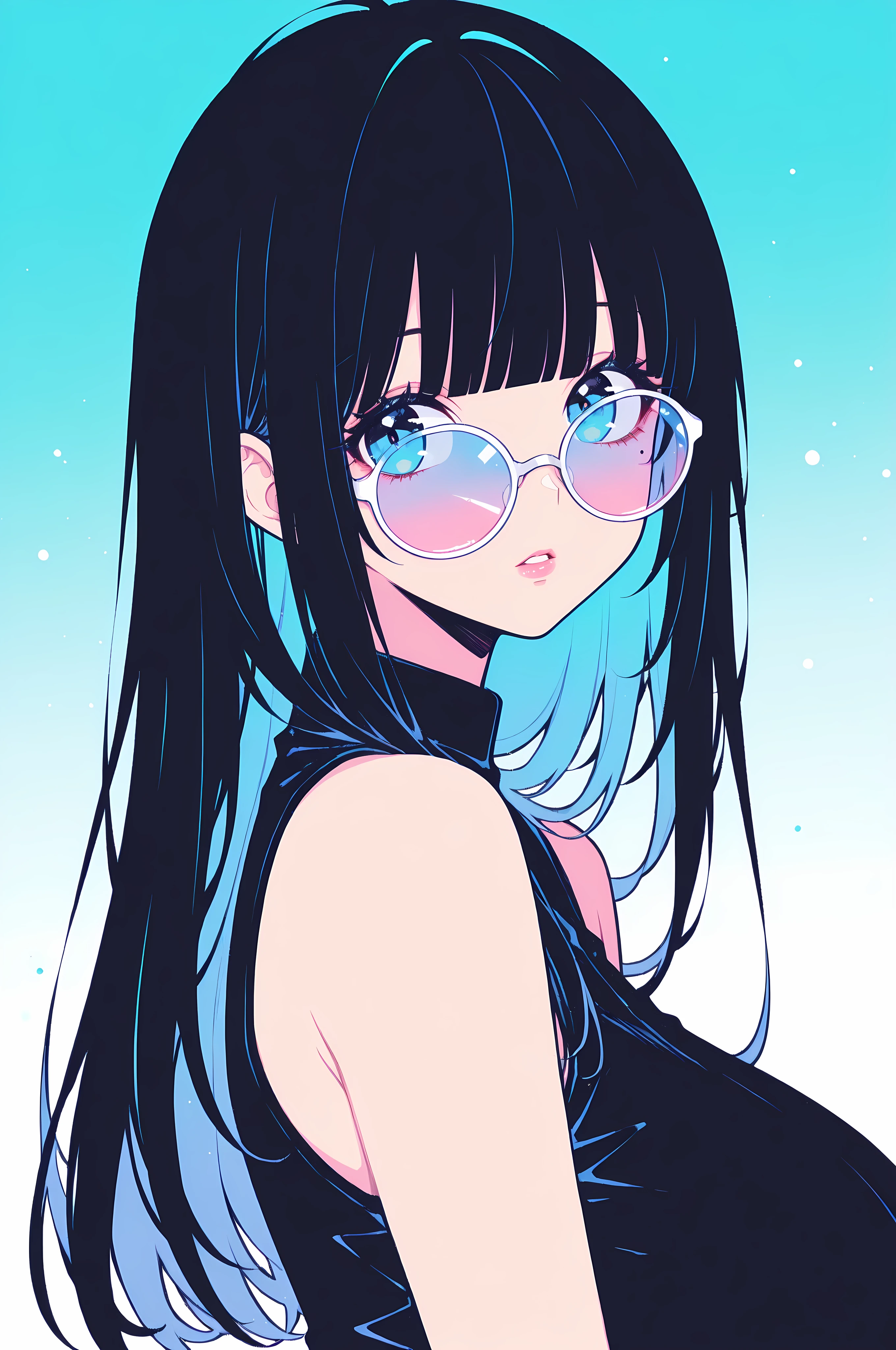 masterpiece, absurdres, masterpiece, best_quality, ultra-detailed, newest, sharp focus, best quality, amazing quality, very aesthetic, soft focus, retro colors, 60s, retro, comic, fantasy, oil painting, perfect eyes, vivid colors, vibrant colors, (lineless:1.5), light from front, 1girl, solo, long hair, looking at viewer, bangs, blue eyes, simple background, shirt, black hair, white background, bare shoulders, monochrome, upper body, parted lips, glasses, sleeveless, blunt bangs, mole, lips, gradient, looking to the side, gradient background, eyelashes, mole under eye, sleeveless shirt, makeup, shadow, blue background, sunglasses, lipstick, portrait, close-up, blue theme, pink lips, round eyewear, limited palette, tinted eyewear, aqua background, looking over eyewear, white-framed eyewear, blue-tinted eyewear, pink-tinted eyewear, gigantic breasts