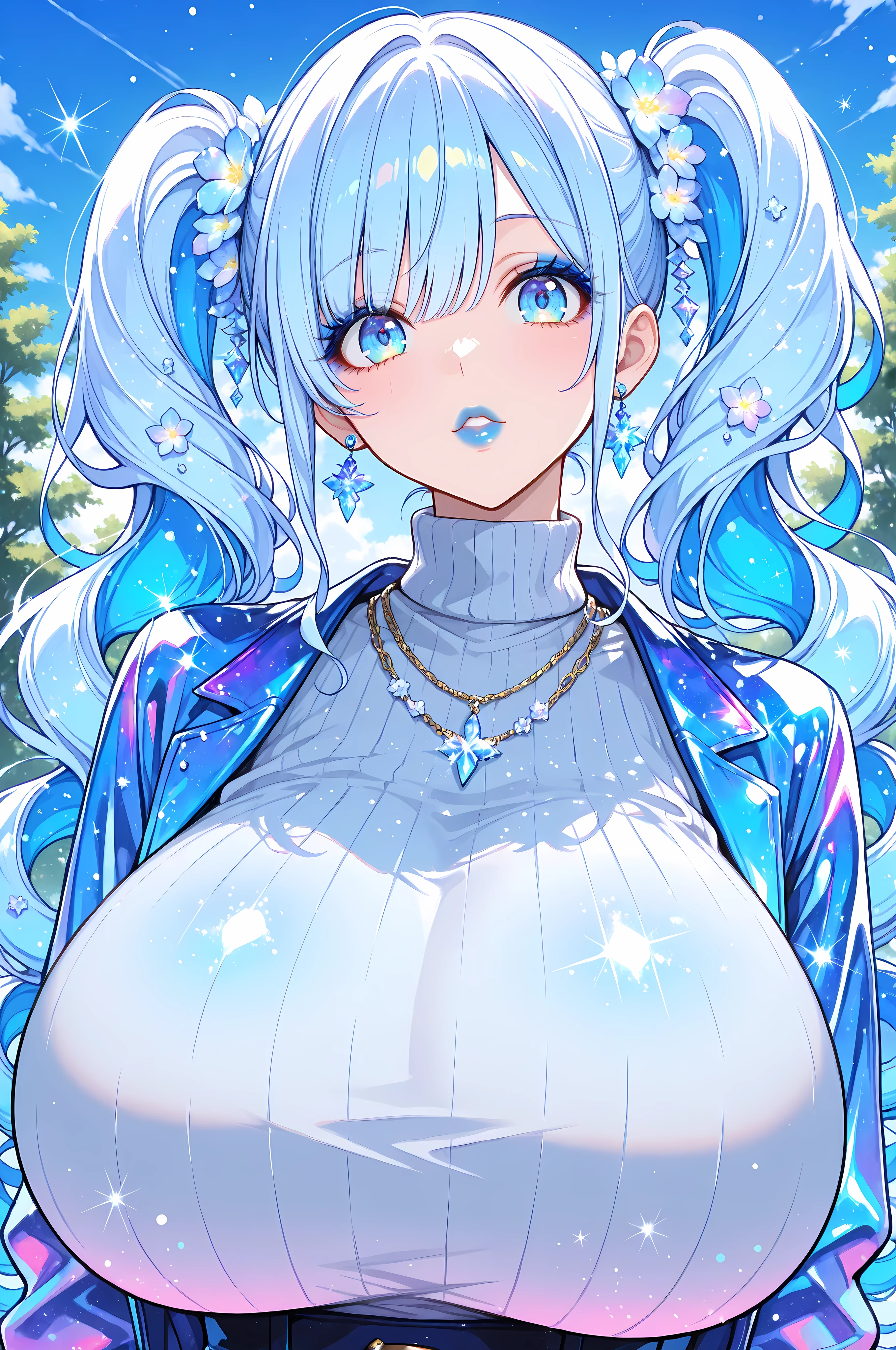 face closeup, glitter, voluptuous, sexy woman, very long curly hair in long curly pigtails, icy blue hair, icy blue eyes, icy blue eyeshadow, blue eyelashes, blue clothing, blue lips, blue earrings and necklace, gigantic breasts, turtleneck and jacket, looking at viewer, puffy lips, iridescent colors, flowers, trees, sky, detailed background ,