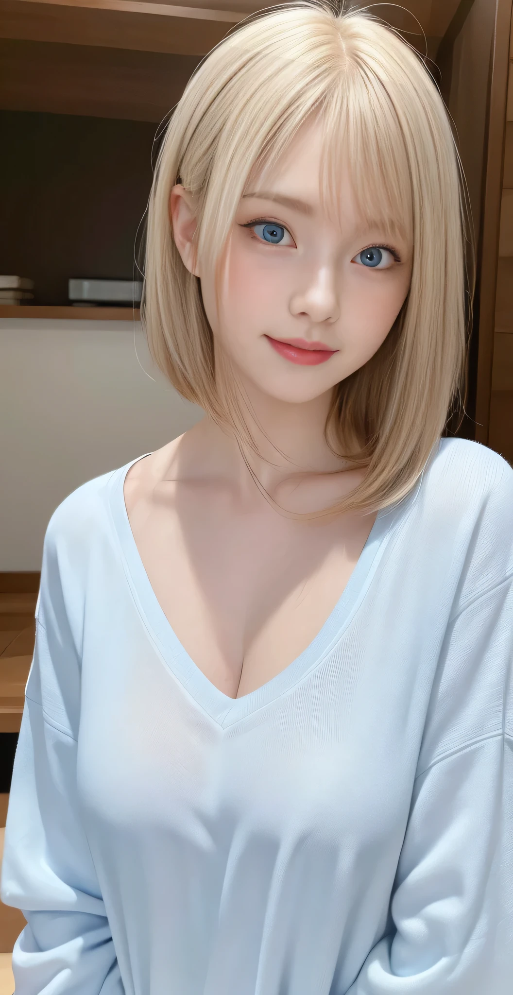 masterpiece, realistic, detailed eyes, beautiful, looking at the viewer, natural lighting, depth of field, film grain, wrinkled skin, 24yo, female, solo, blue eyes, white, T-shirt, freckles, smile, lips, upper body, Portrait, Close-up, Front view, Exterior,(long white blonde hair),(layer cut hair:1.2),