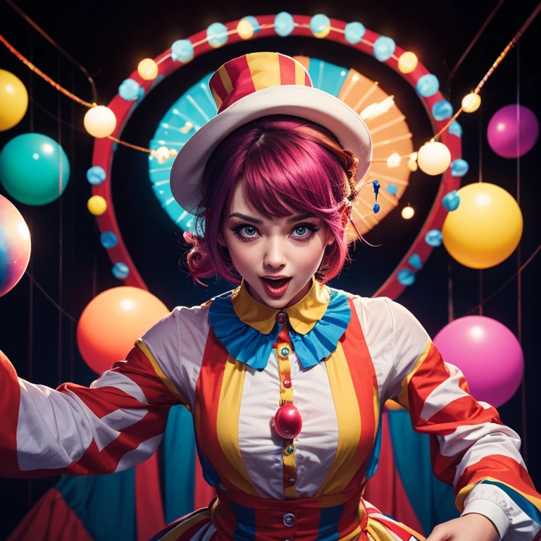 (medium full shot) of (lovely clown) young woman, big curly hair, wearing a purple clown vest with big buttons,patchwork overalls,jester shoes, rainbow suspenders, red nose, smiling at the viewer, set in Ferris Wheel Operator Booth, Cozy space with a control panel for ride operation, a cushioned swivel chair, a small table holding a radio and paperwork, panoramic windows offering views of the park, a bin for storing tickets and tokens, at night, Masterpiece,best quality, photorealistic, amazing quality, very aesthetic, extremely detailed face,