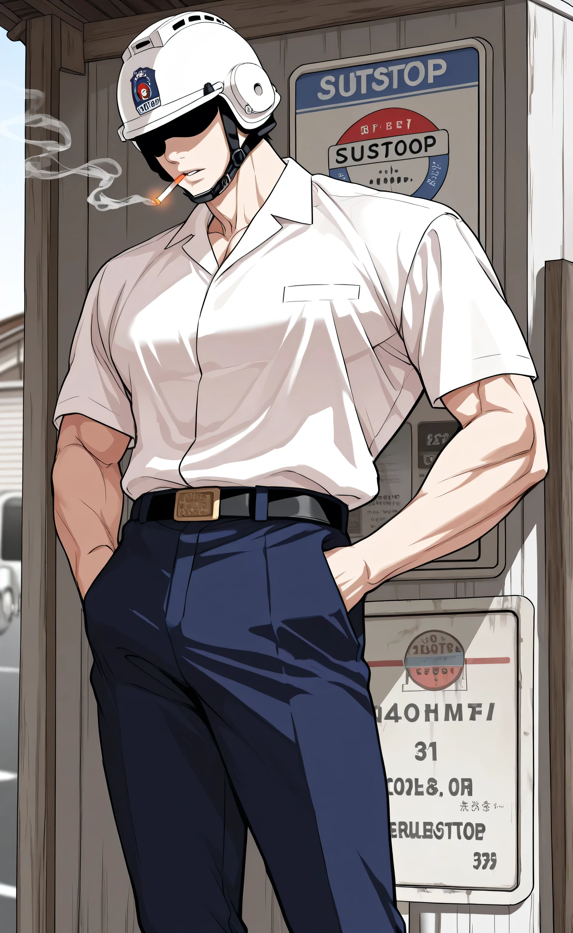 1male,solo,white full-face helmet,white dresshirt ,navy blue pants,black belt,smoking,ciggarette, muscle, busstop,male focus,Lookism