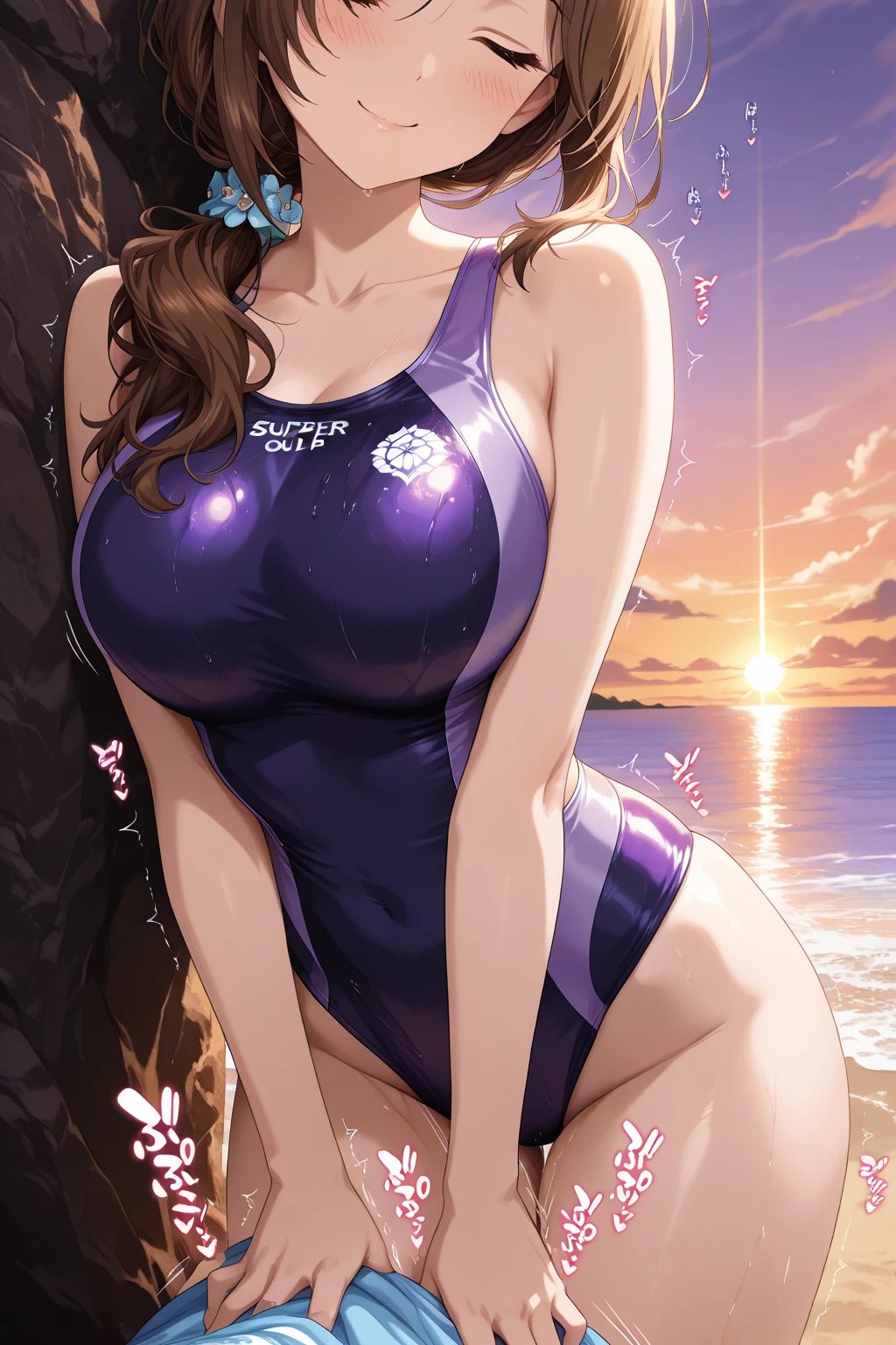 d.va, one-piece swimsuit, beach, seductive pose, hands behind back, ponytail, cheeky smile, sunlight, <lora:dVaOverwatchLORA_v1:0.7>, best quality