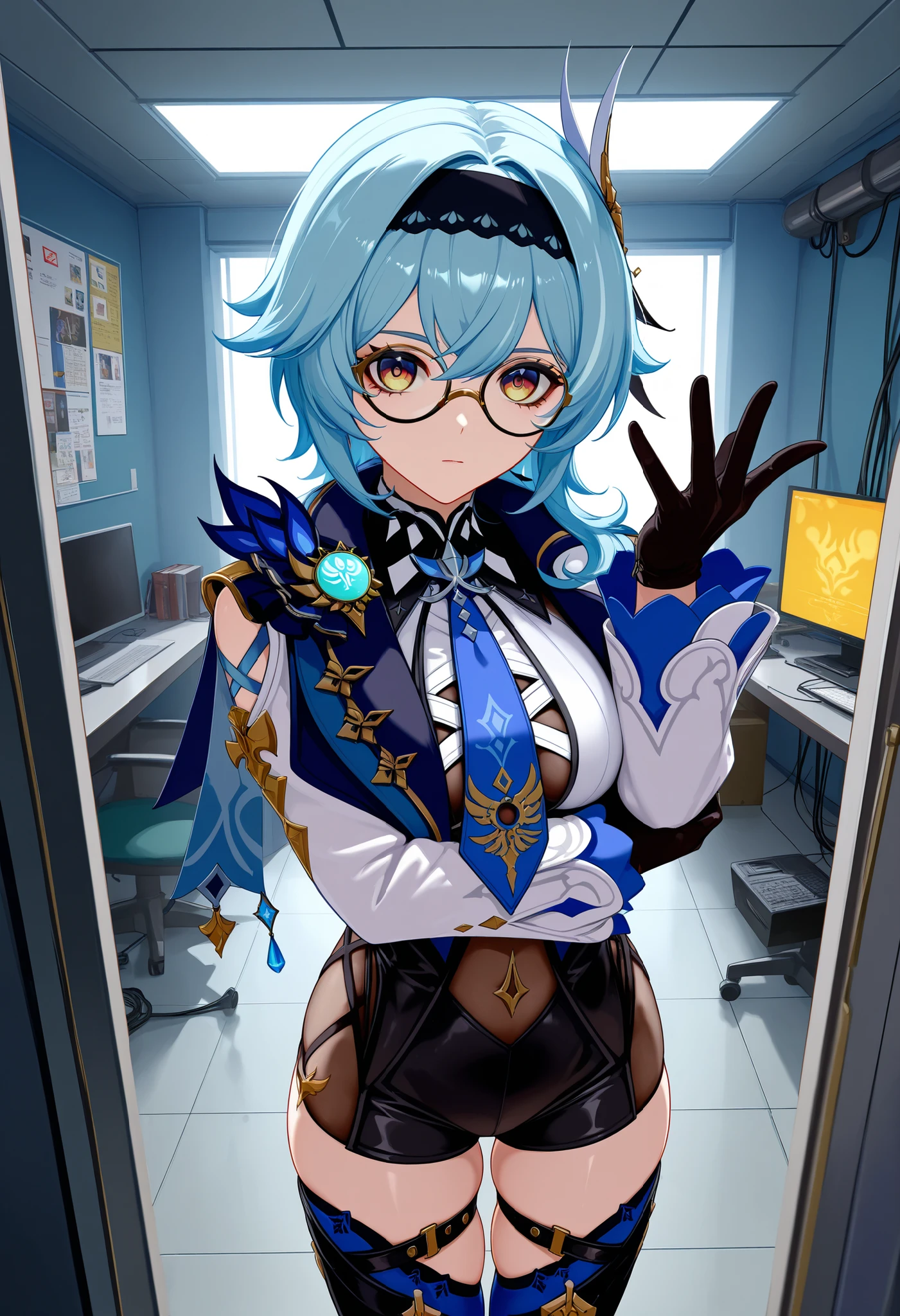 score_9,score_8_above,score_7_above BREAK EulaSDXL,a Woman, pose sexy,  eyeglasses, hair ornament, thighhighs, Gloves, long sleeves, blue hair, yellow eyes, headband, tie, black Gloves, medium hair, cable, Leotardo, thigh harness, black headband, Leotardo negro, blue tie, multicolored eyes, (Genshin Impact),cowboy shot, room, , standing, room elegante