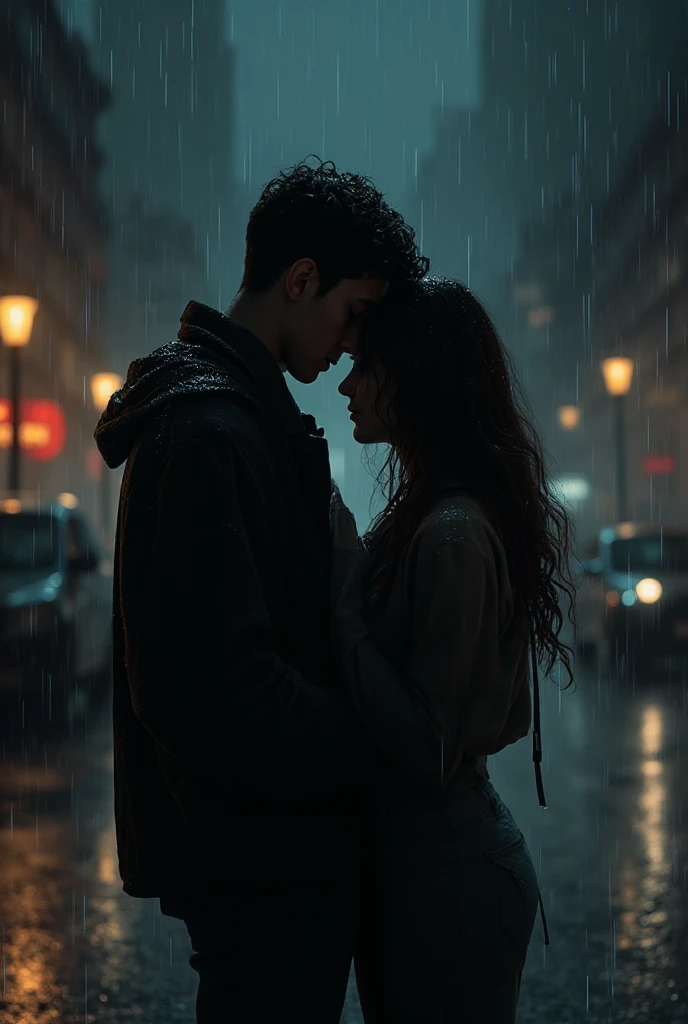 (deep shadow:1.2), dark black, night, (masterpiece:1.1), Intimate, high-quality photograph of a (couple:1.2) in the (dark:1.1) (rain:1.1), (dramatic lighting:1.1), romantic, passionate, intricately detailed clothing, (drenched:1.1) with (shimmering droplets:1.1), city background, by Brandon Woelfel, Sony Alpha 7R IV camera, digital photograph, f/2.8 lens, warm tones, creamy bokeh, hyper-realistic lifelike texture, trending on social media, Adobe Lightroom