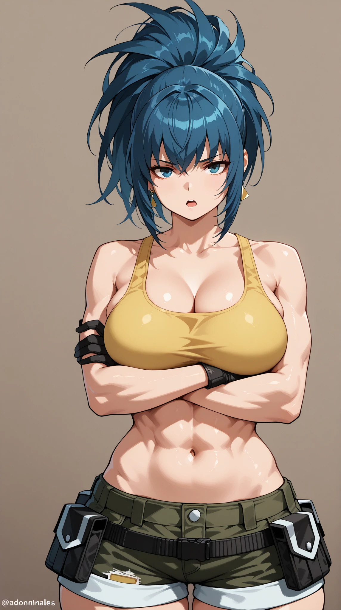 <lora:MuscleGirl_v1:1> ,1girl, beautiful, perfect lighting, muscular, (thighs:1.1), (large breasts:1), mature female, milf, navel, abs, looking at viewer (masterpiece, high quality:1.2) (serafuku:1.2), black hair, short hair, tomboy, (very dark skin:1.3), shy, blush, embarrassed, underboob,bare shoulders, elbow gloves, thighhighs, (mini skirt:1.1), long legs, school, sunlight, (panty:1.1), skindentation,happy, sweat, steam,fingerless gloves, (tall),leg muscles,collar