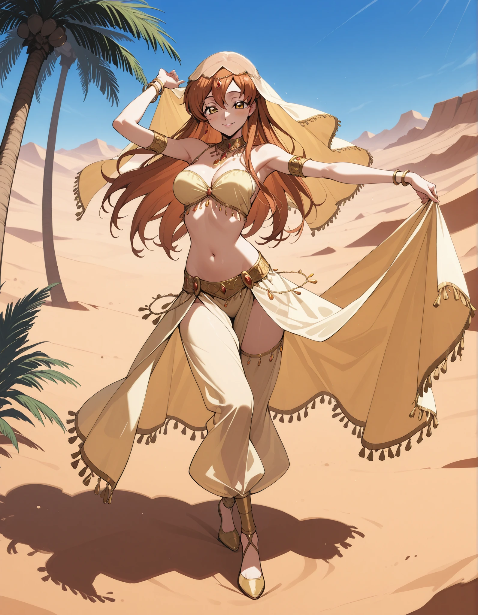 (1girl:1 . 5) , (Seul:1 . 5) , score_9 , score_8_haut , score_7_haut , source_anime , Official work , ultra-detailed , masterpiece , best quality selfie snapshot , high resolution , beaux yeux , detailed eyes , detailed face , beautiful detailed eyes ,Code Geass,Shirley Fenette,Arabian Clothes , Arabian Dancer ,belly dancer costume ,full body,golden jewelery,armlet, belly dancing,desert lands,palm tree,seductive smile, dancing with veil, dynamic movement,dance posture, seductive pose