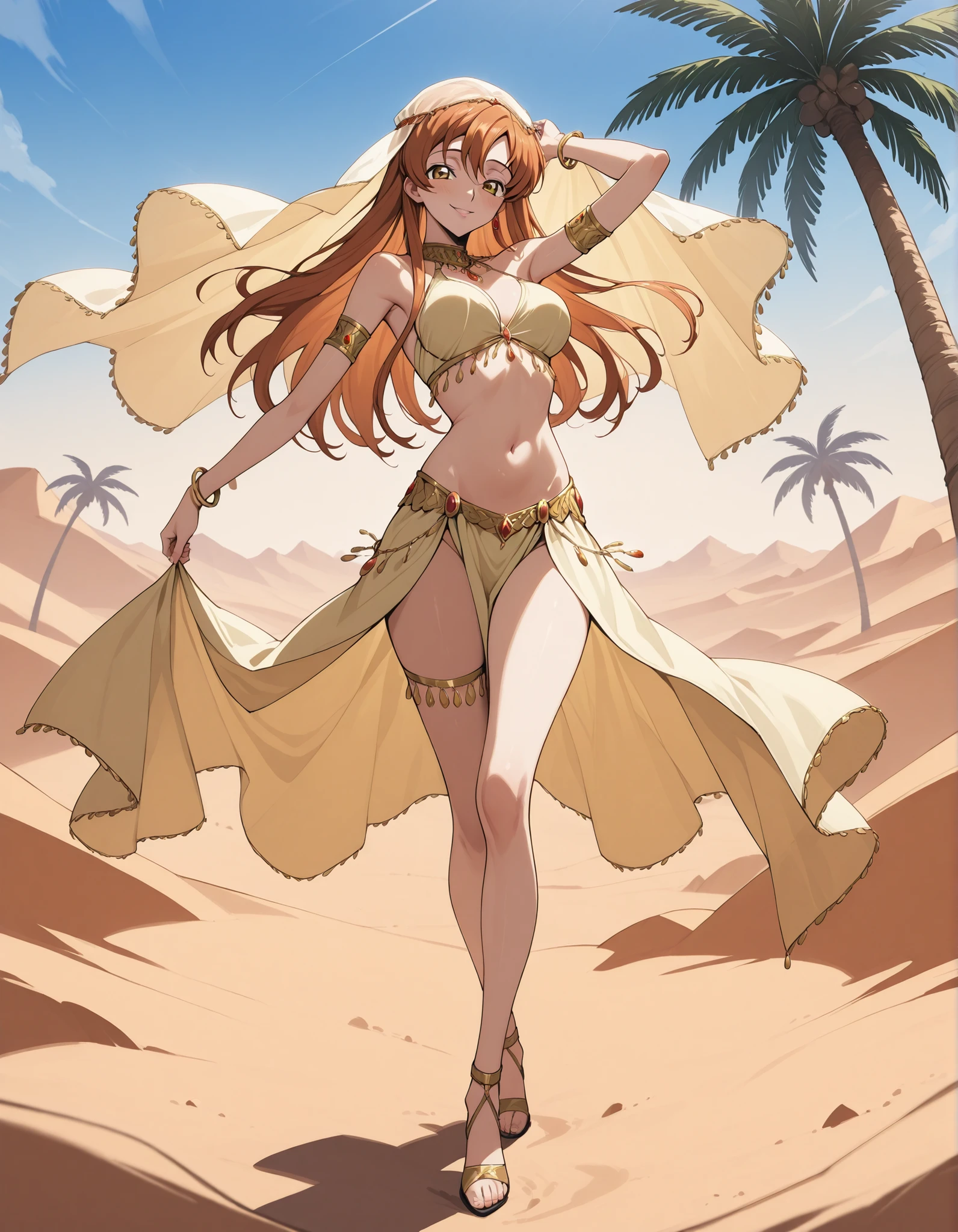 (1girl:1 . 5) , (Seul:1 . 5) , score_9 , score_8_haut , score_7_haut , source_anime , Official work  , ultra-detailed , masterpiece , best quality selfie snapshot , high resolution , beaux yeux , detailed eyes , detailed face , beautiful detailed eyes ,Code Geass,Shirley Fenette,Arabian Clothes , Arabian Dancer ,belly dancer costume ,full body,golden jewelery,armlet, belly dancing,desert lands,palm tree,seductive smile, dancing with veil, dynamic movement,dance posture, seductive pose