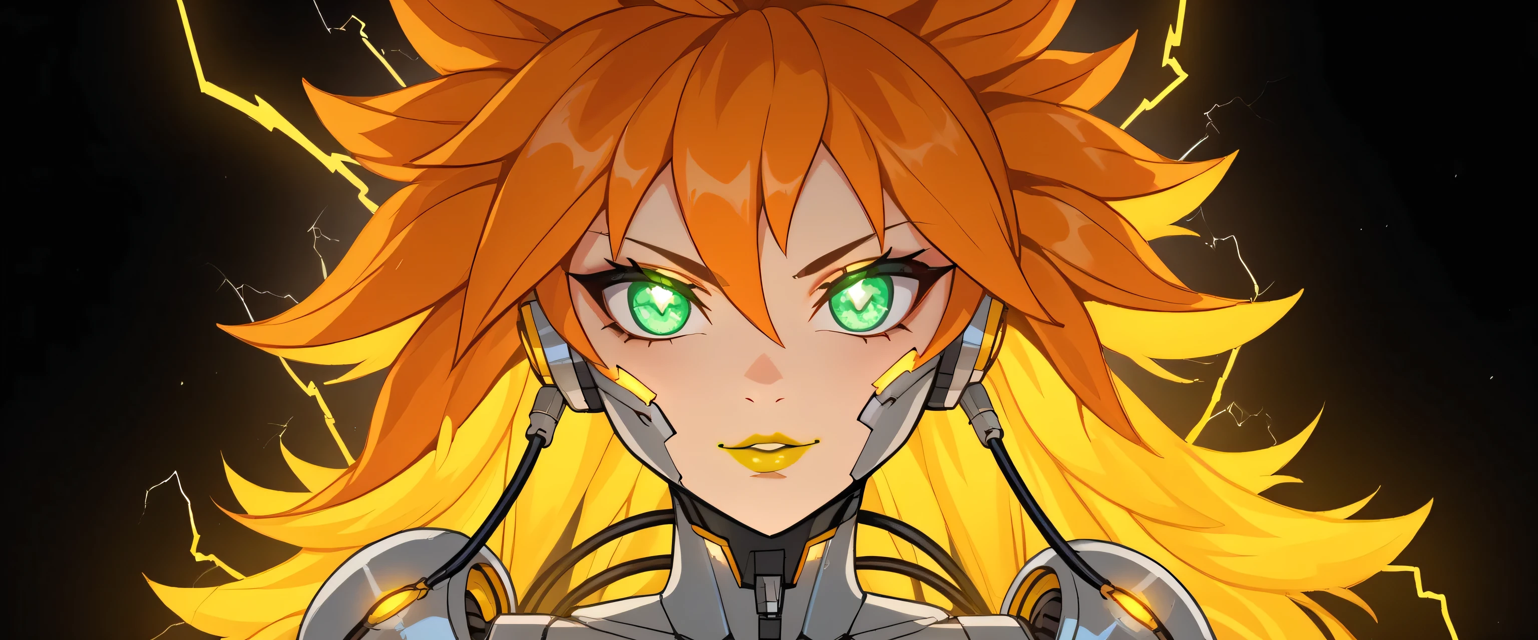 wires, metal plates, metal tentacles, yellow electricity, focus on face, looking at viewer, female robot, robotization, glowing eyes, green eyes, orange hair, metal hair, spiky hair, metal skin, long hair, yellow parts, anime style, dark environment, yellow lighting, yellow parts, yellow, yellow lipstick 