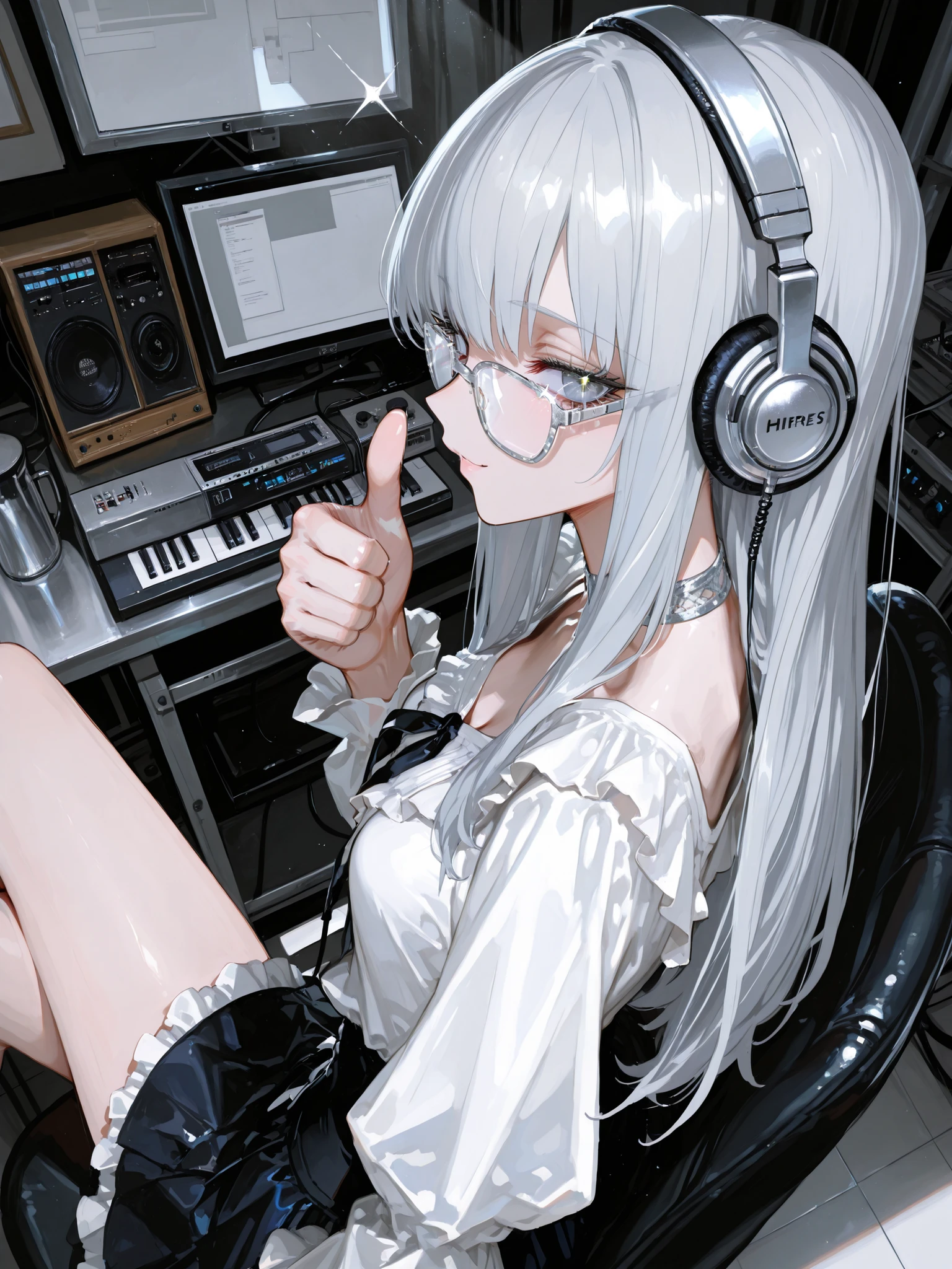 profile,from above,Dutch angle shot,japanese,makes an aesthetic,Master piece,Best Quality,ultra detailed,extremely detailed,hires,ultra hires,8K,Anime,looking at viewer,Mixing Room,Music Studio,Digital Mixers console,a pretty woman, solo,Long Hair,Straight Hair,beautiful silver hair,headphone,beautiful light blue eyes,sparkling eyes,silver glasses,laugh,crossed leg,Studio Lighting,beautiful silver eyes,indoor,Skinny,toned,blouse,frilled clothing,skirt,thumbs up