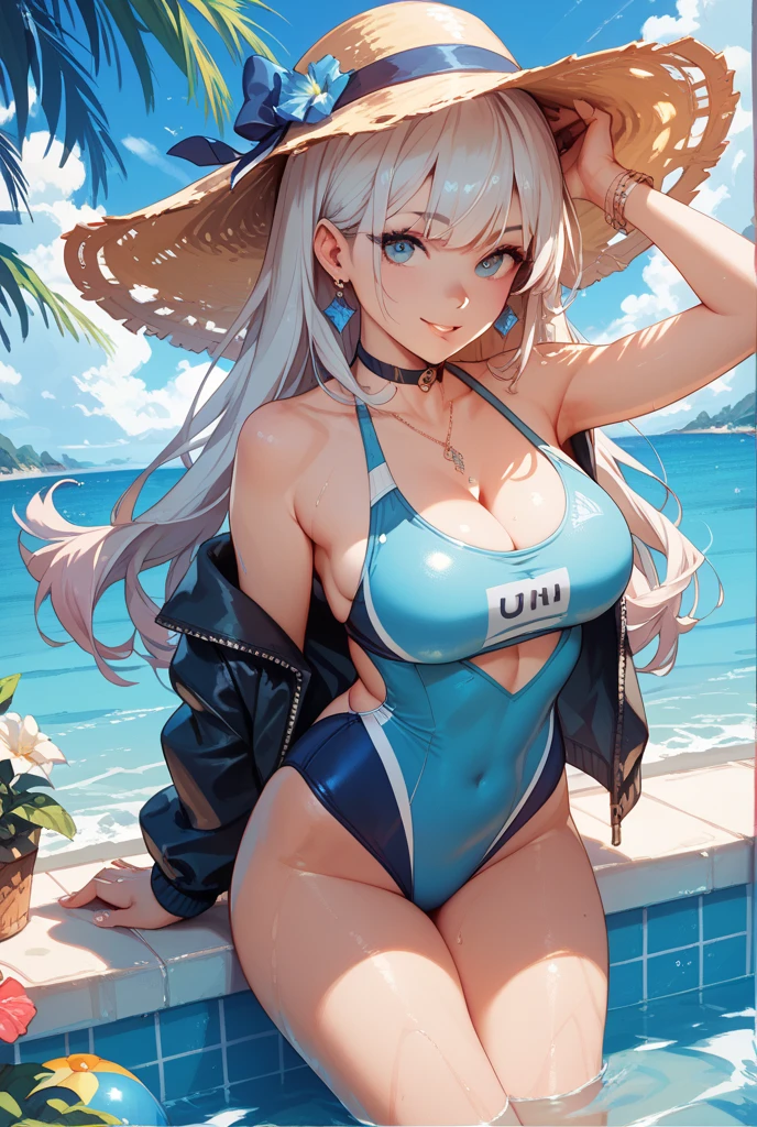 masterpiece, best quality, highres, aaenter, long hair, hat, white headwear, large breasts, <lora:enterprise_v1:0.7>, beach, standing, cowboy shot, micro bikini, bare shoulders, collarbone, hand on hip, smile