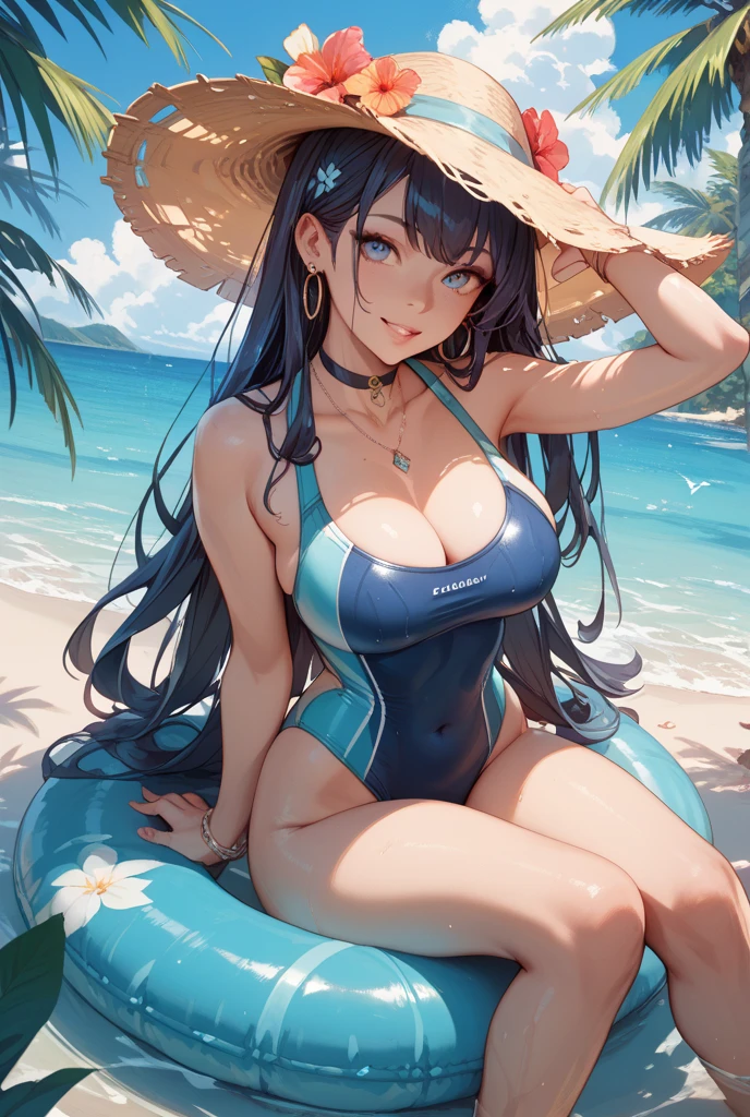 ((best quality)), ((Meisterwerk)), (Detailliert), Perfektes Gesicht, sitting in front, bigger tits, tight slip, blue tight bikini, spreading legs, beach, thick thighs, bear legs, long hair