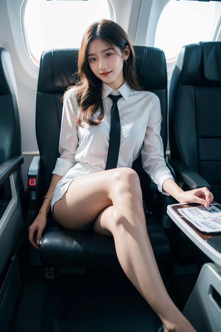 (8K, raw photo, highest quality, real, photorealistic: 1.3, professional lighting, masterpiece, very delicate and beautiful, very detailed, fine details, very detailed ajc, unity, huge file size, Super detailed, high resolution, whole human body, low angle: 1.5), 1 girl, alone: ​​2, facial, mature face, whole body, : 1.2, lifelike face, realistic body, rough skin, Japan Female, long brown hair, heavy makeup, long torso, height is 170 cm, weight is 60 kg, skinny proportions: 1.5, model body shape: 1.5, detailed fingers, very detailed eyes and face, beautiful eyes, long Eyelashes, short skirt, bare legs, high heels, wet lace white underwear: 2. The shape of the woman's private parts is clearly visible (on an airplane, the only beautiful Japanese cabin attendant spreads her crotch wide open) Sitting down, intentionally showing off her white panties to us: 1.5), always wearing a uniform blazer, short skirt, and high heels: 1.5, buttoning her blazer: 1.5, not taking off her skirt: 2, With shoes: 1.5@