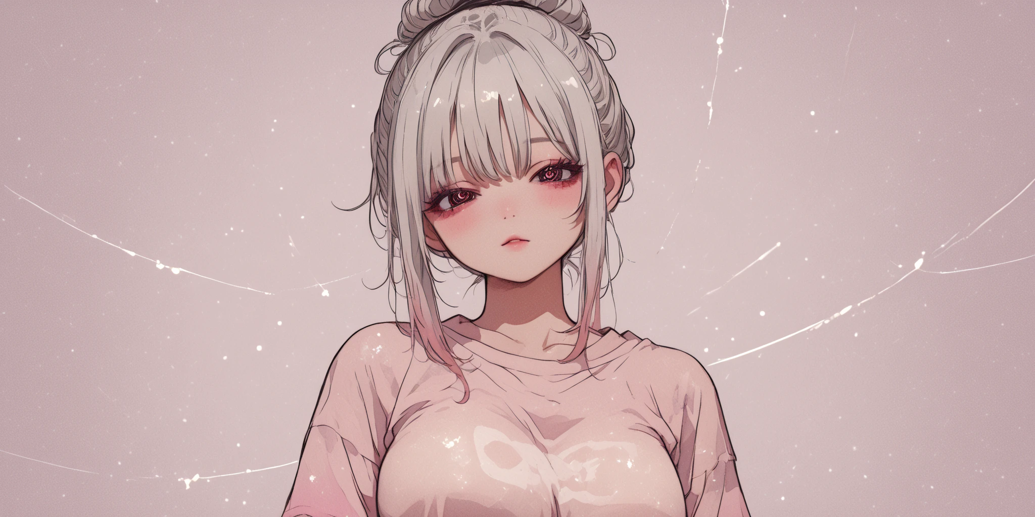 best quality, masterpiece, highres, solo, {arashi_chisato_lovelivesuperstar:1.15}, bangs, white_hair, hair_bun, double_bun, red_eyes, smile, blush, twintails, long_hair, blunt_bangs, open_mouth, 1girl, birthday, , collarbone, jacket, looking_at_viewer, pink_jacket, tank_top, small_breasts, upper_body, midriff, navel, one_eye_closed, grin, open_clothes, pink_background