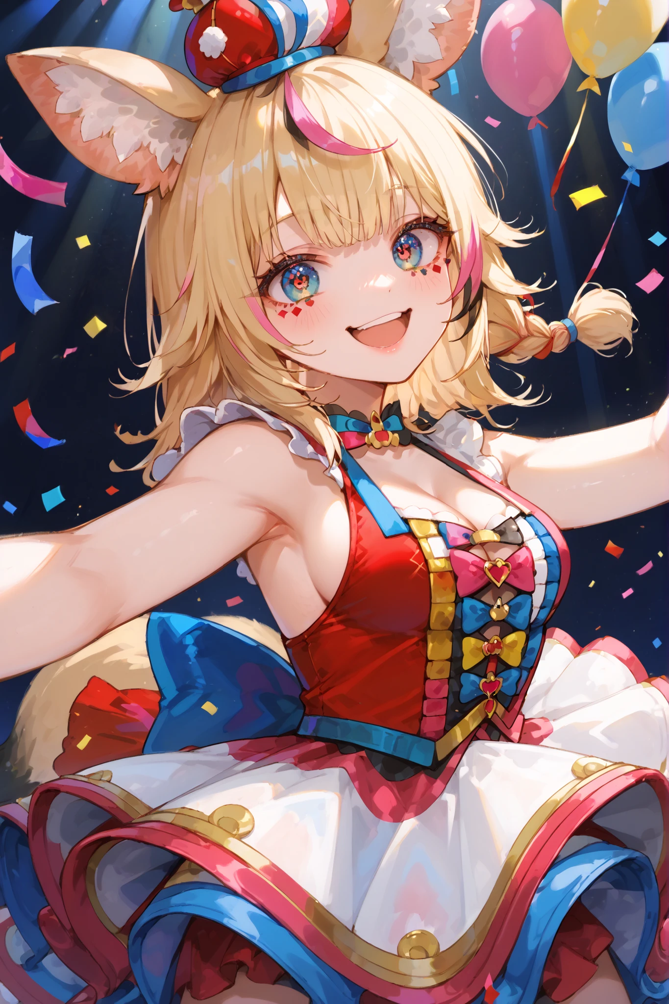 {{{omaru polka}}},( hololive), Clown Clothes,sexy mini skirt,Jewel Eyes,bare shoulders,cleavage,sleeveless,Circus Stage,Colorful confetti,bright smile,open one's mouth,Jumping,extend one's arms,spotlight,fox tail,fox ears,Clown hat,Colorful Cute Balloons,(sexy and cute style:1.5),Side Slit Clothes,sideboob,(see-through:0.6),(close up:1.3)